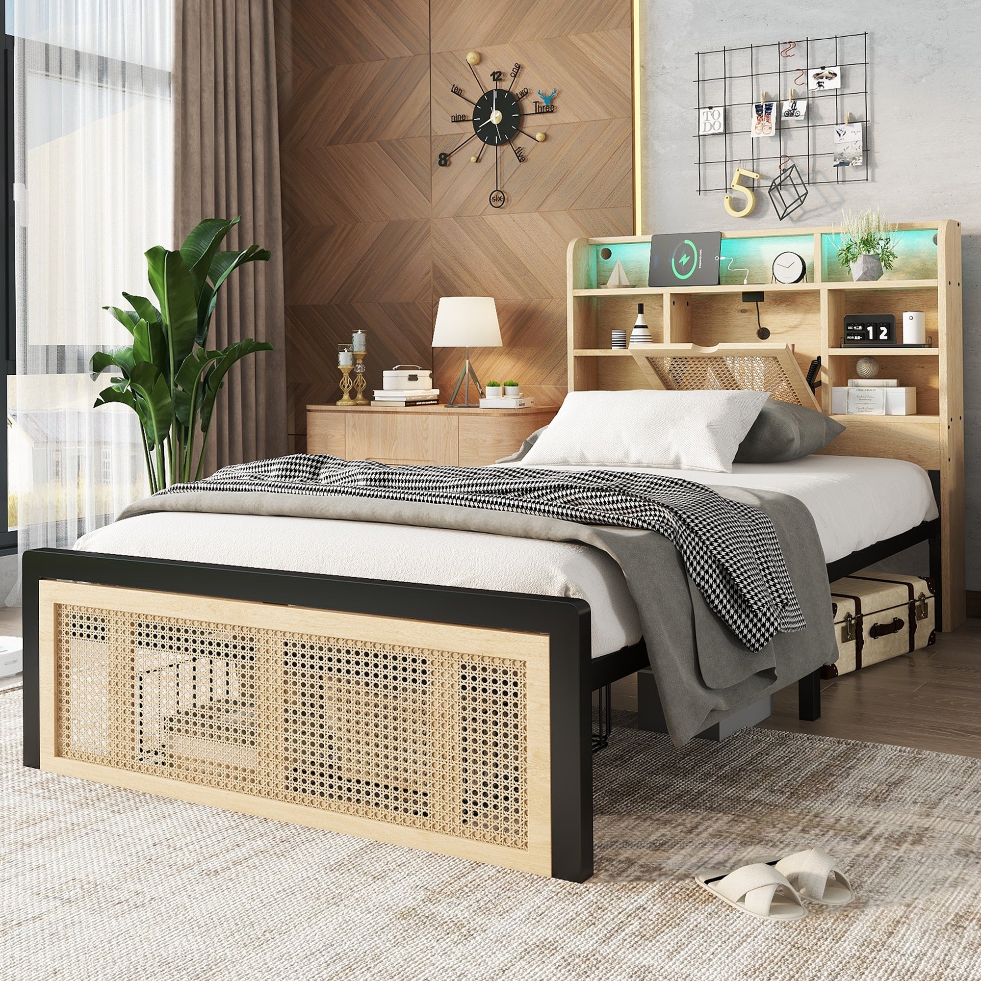 Wooden Bed, 3ft Single, LED Light, Charging Port & Storage, Wood Colour