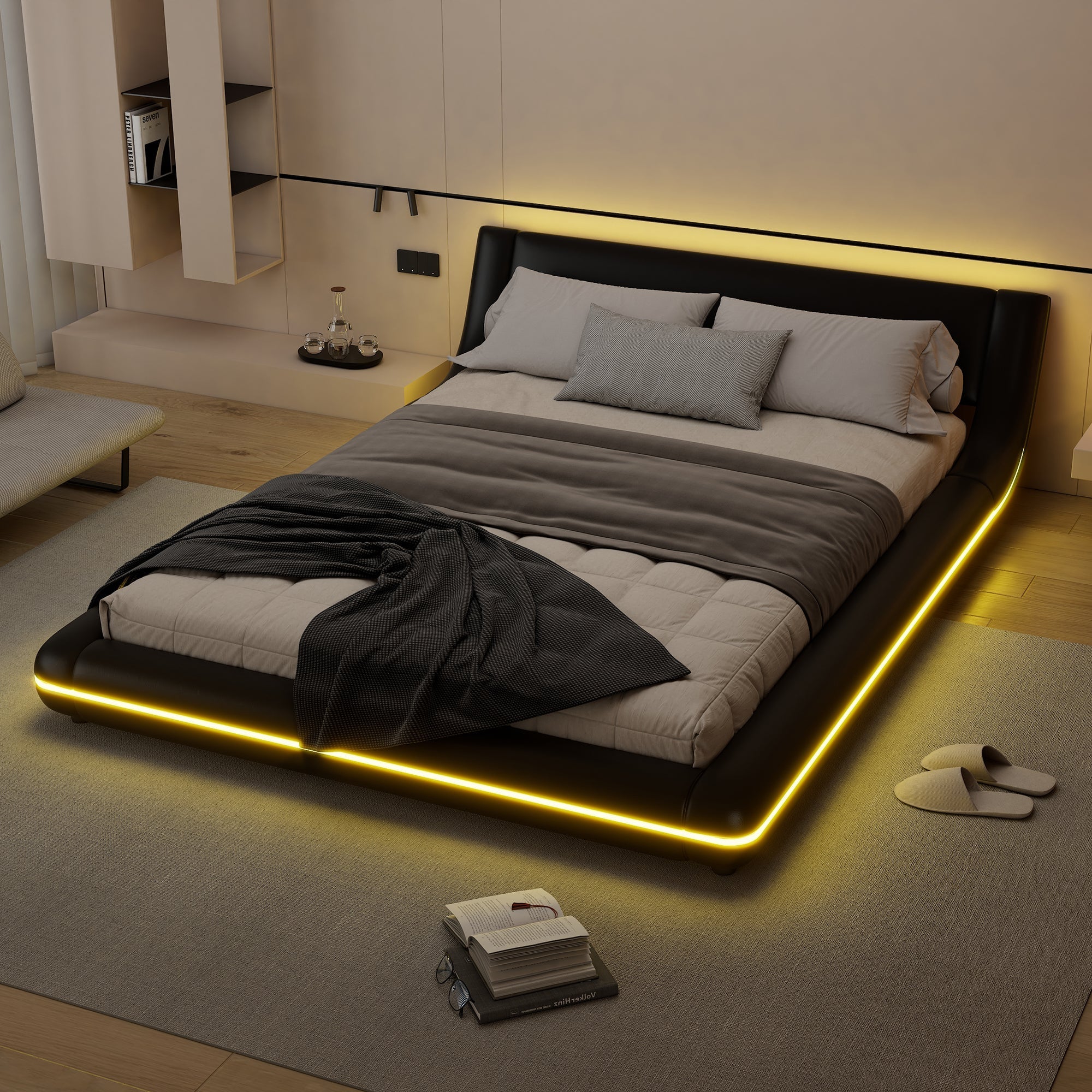 Floor Bed 140x200cm LED Ambient Light - PU Black