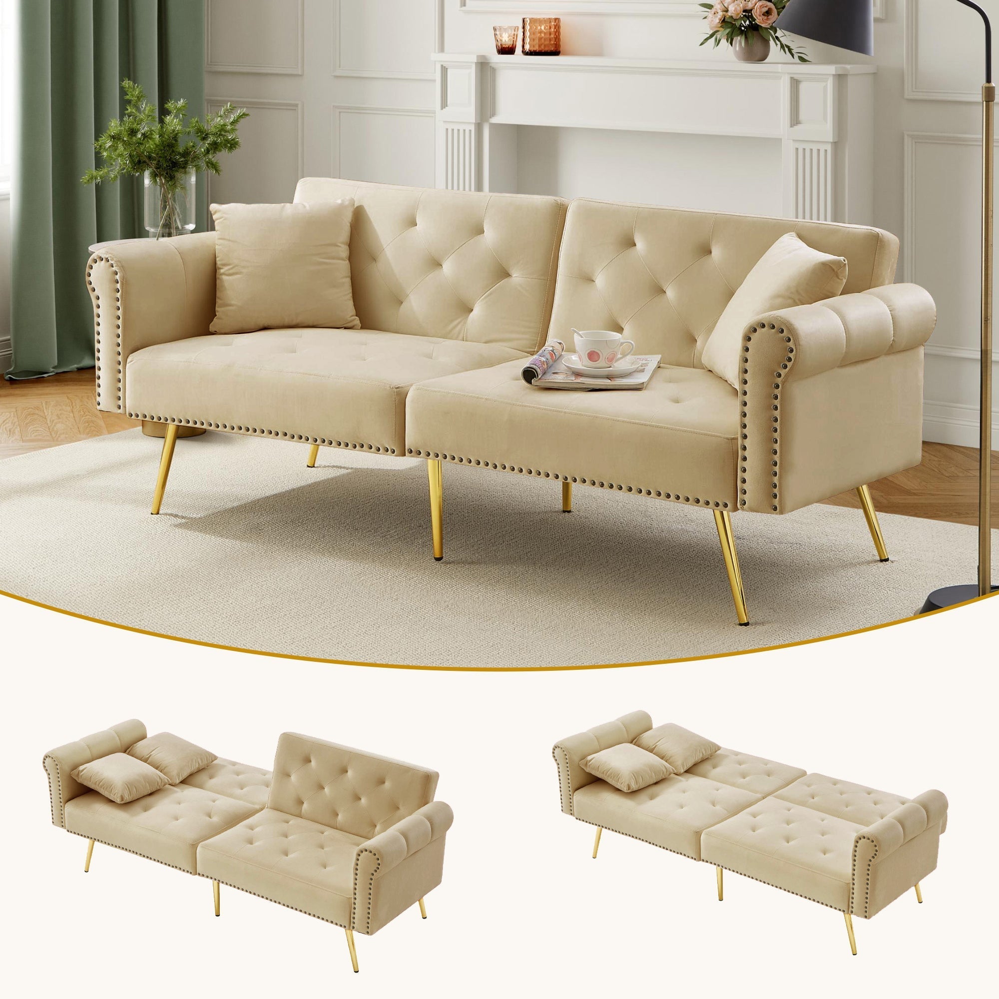 Modernes 2-Sitzer Schlafsofa mit 3-fach verstellbarer Rückenlehne, Samt