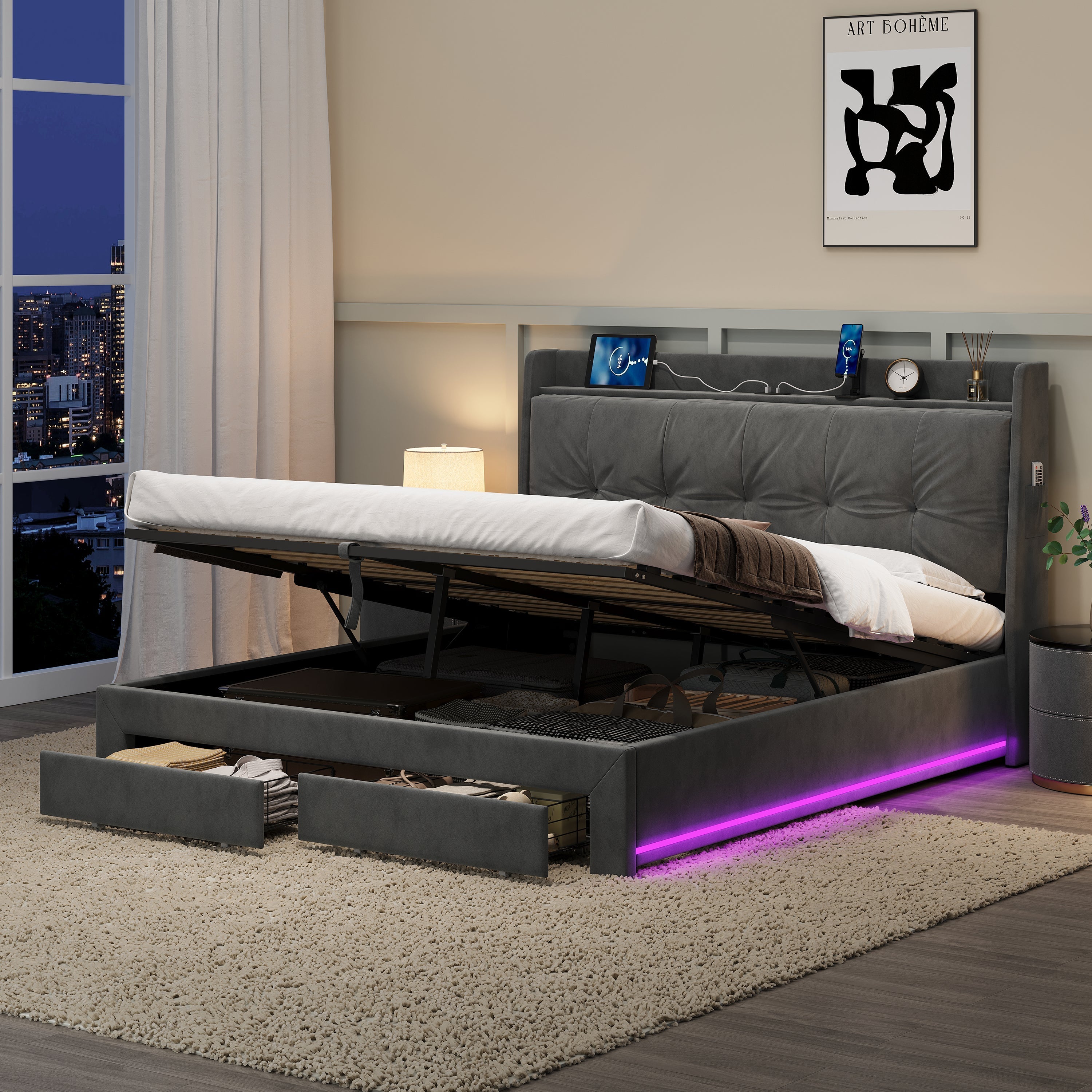 5ft King Upholstered Bed Frame with Hydraulic Storage, Charging Station, and RGB LED Lighting, Velvet Grey