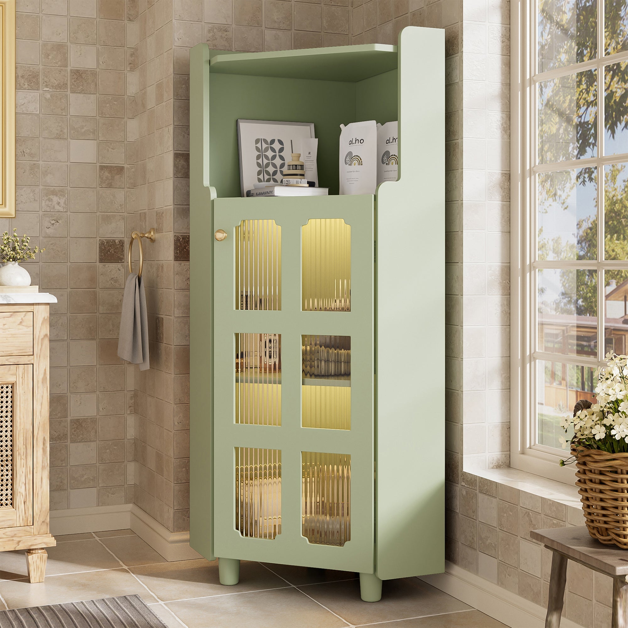 Corner Cabinet LED App Control Lacquered Finish 63.5x124cm - Green