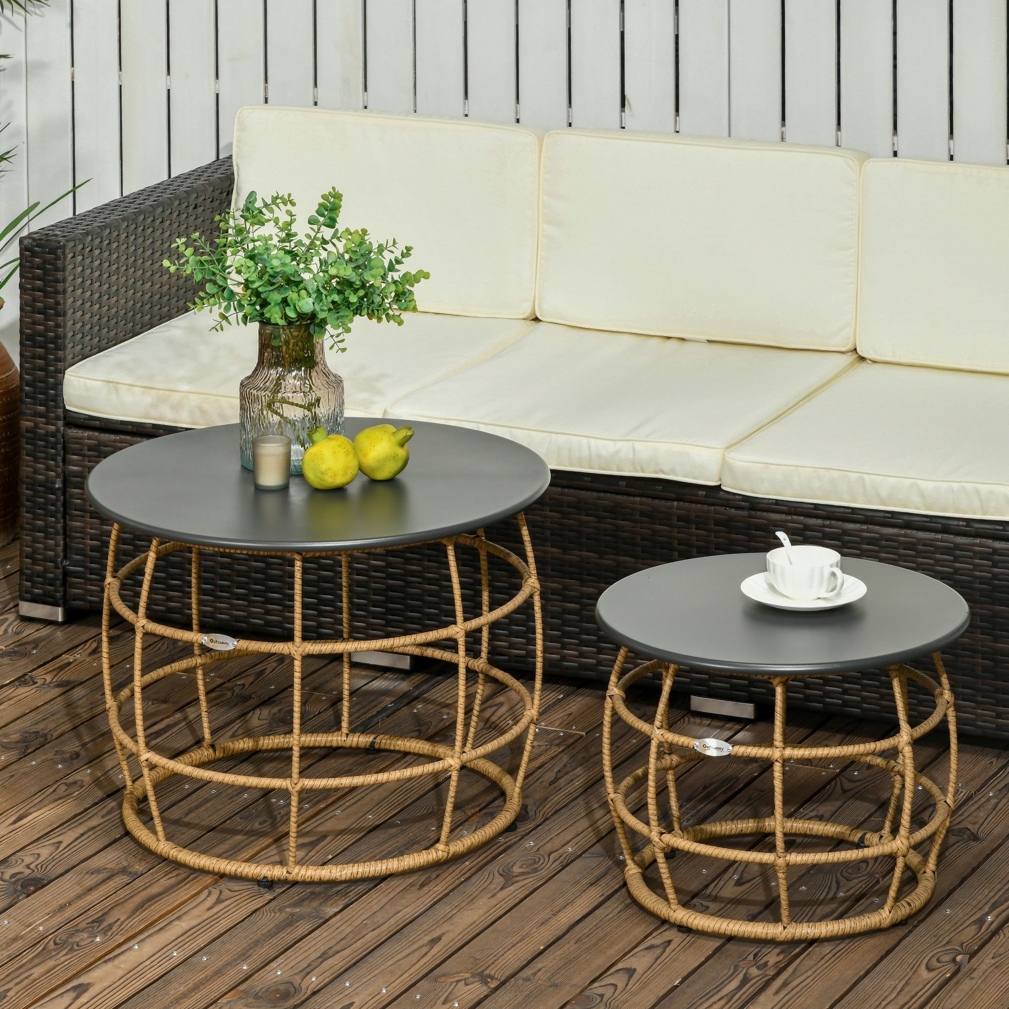 Beistelltisch-Set, 2 Couchtische mit handgeflochtener Tischplatte, Sand