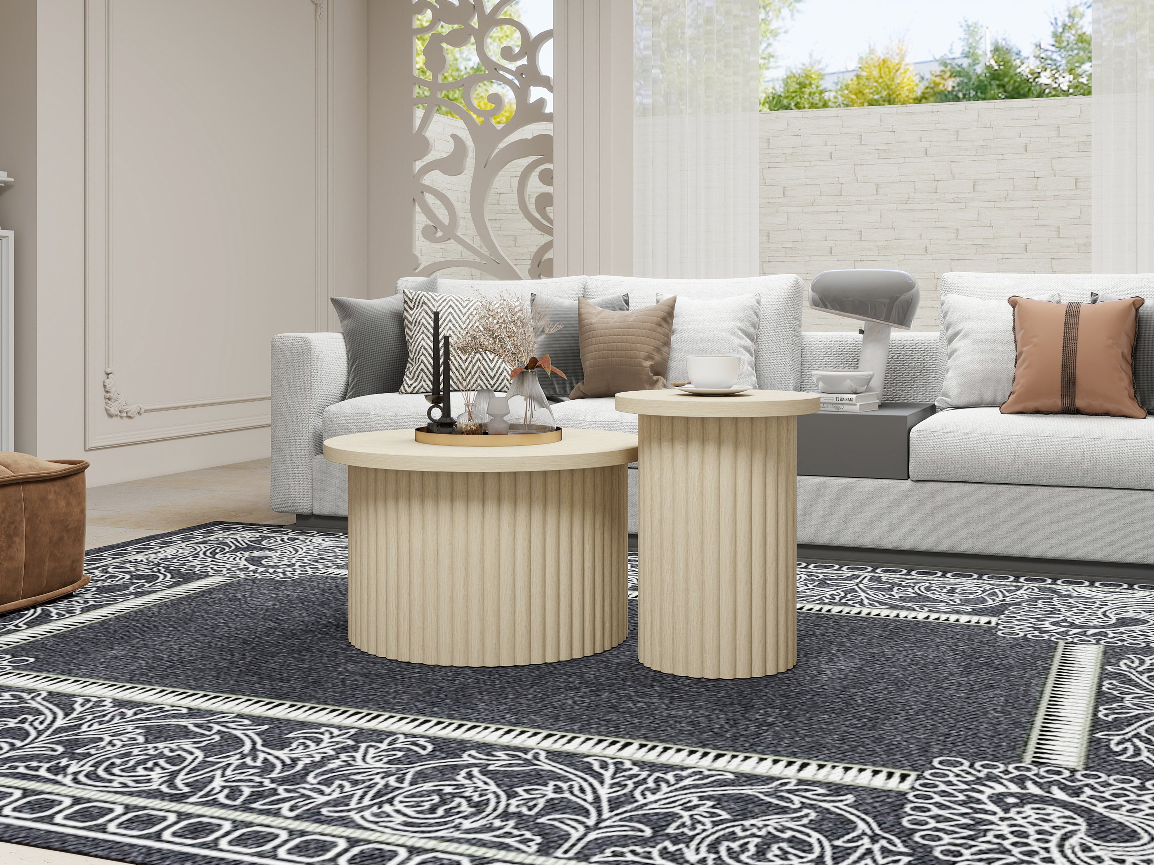 Coffee Table Set, Round 2-Pack Side Table, Natural Wood