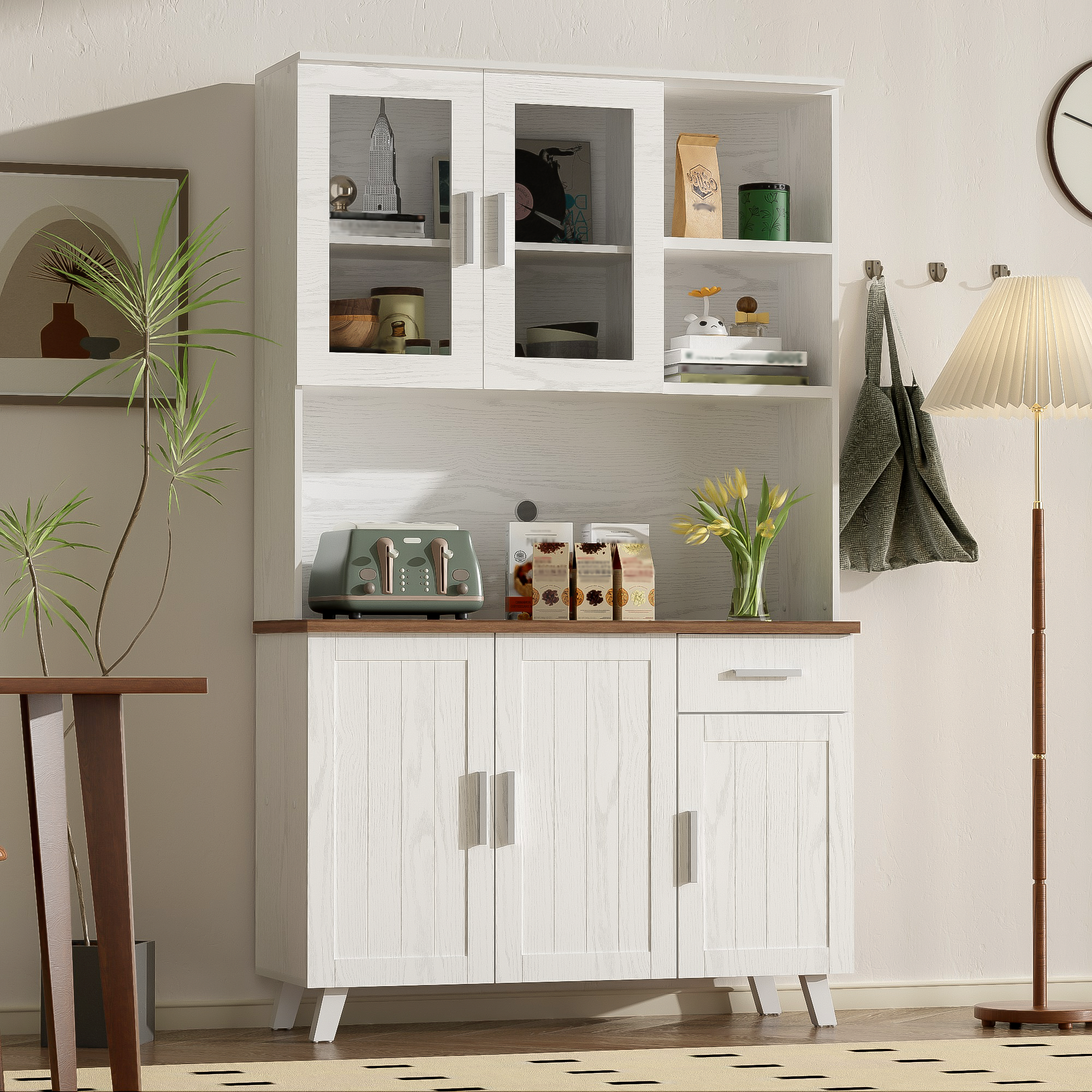 Sideboard, Tall Cabinet with Glass Panels, White Wood Grain