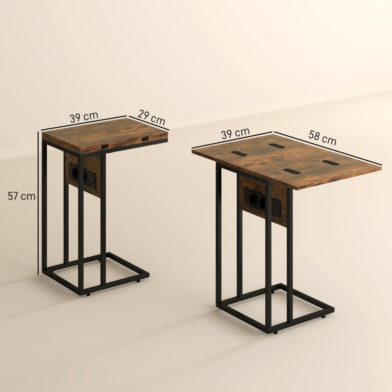 Foldable Side Table USB Charging Station 39x29x57cm - Brown Metal