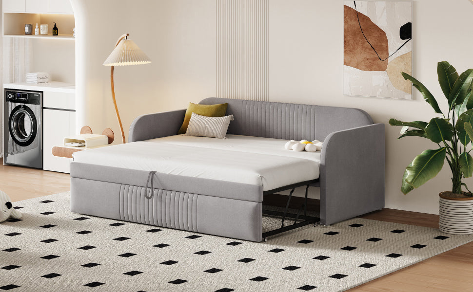 Upholstered Bed, Pull-Out Sofa Bed with Slatted Frame, Multifunctional, Light Grey Linen