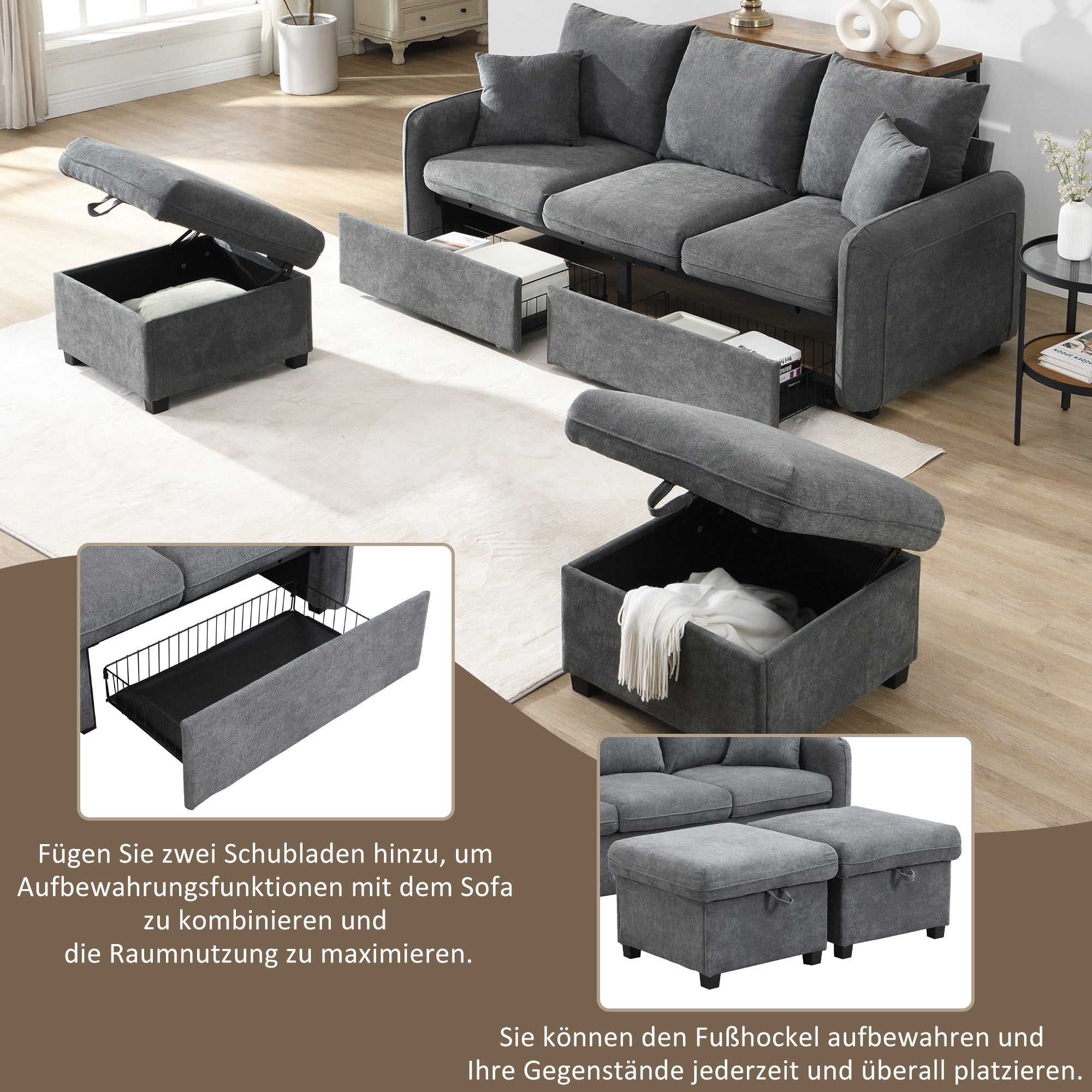 Corner Sofa U-Shaped Three-Seater Modular with Storage & Sleeping Function, Chenille