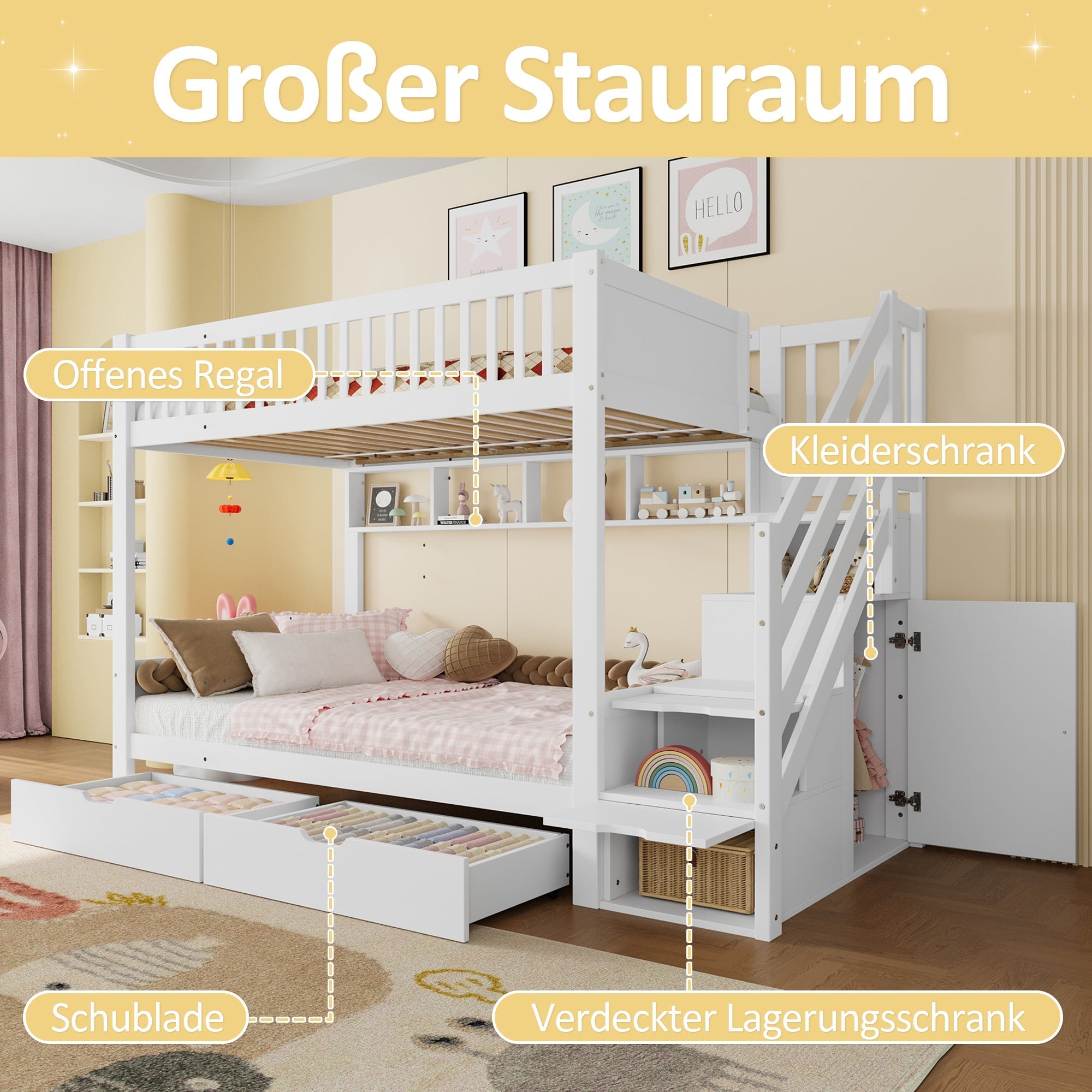 Bunk Bed 90x200cm Drawer Shelf Wardrobe Storage - White