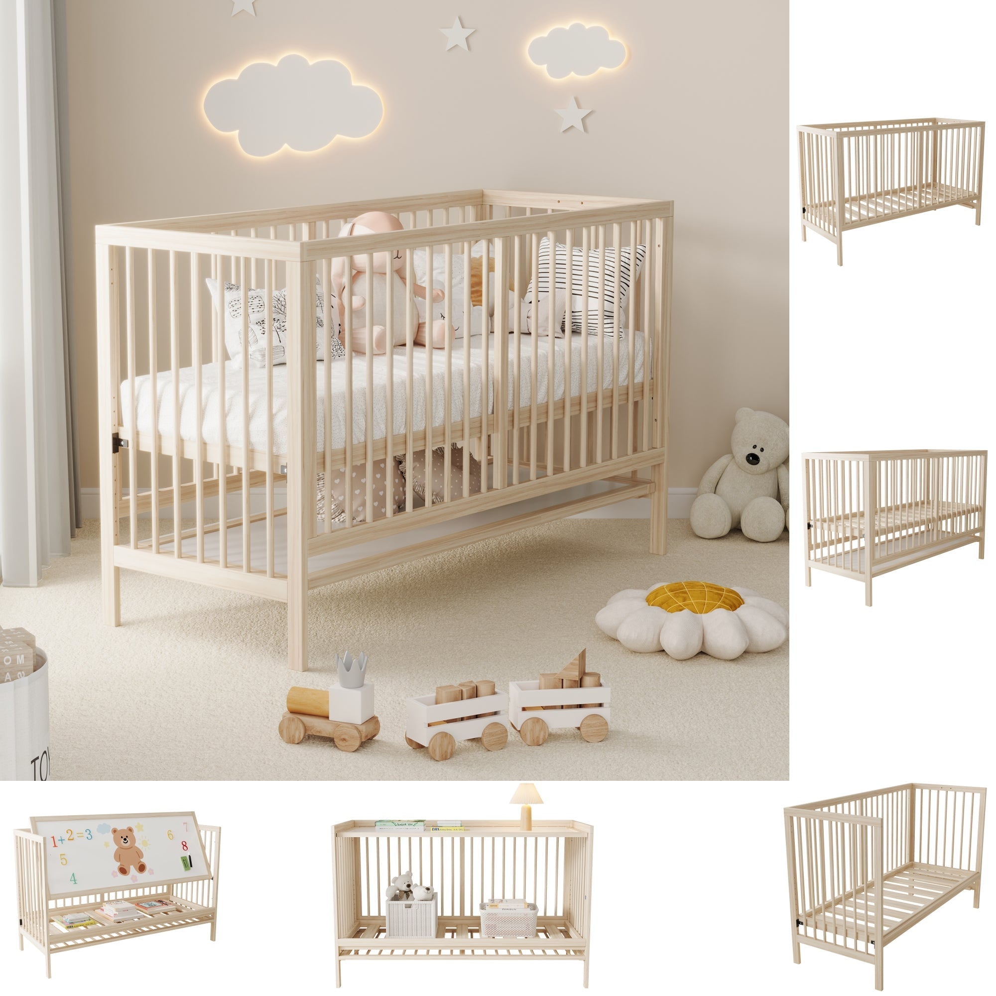 Wooden Baby Bed, Multifunctional Convertible Side Bed/Desk, Spruce, Natural Color