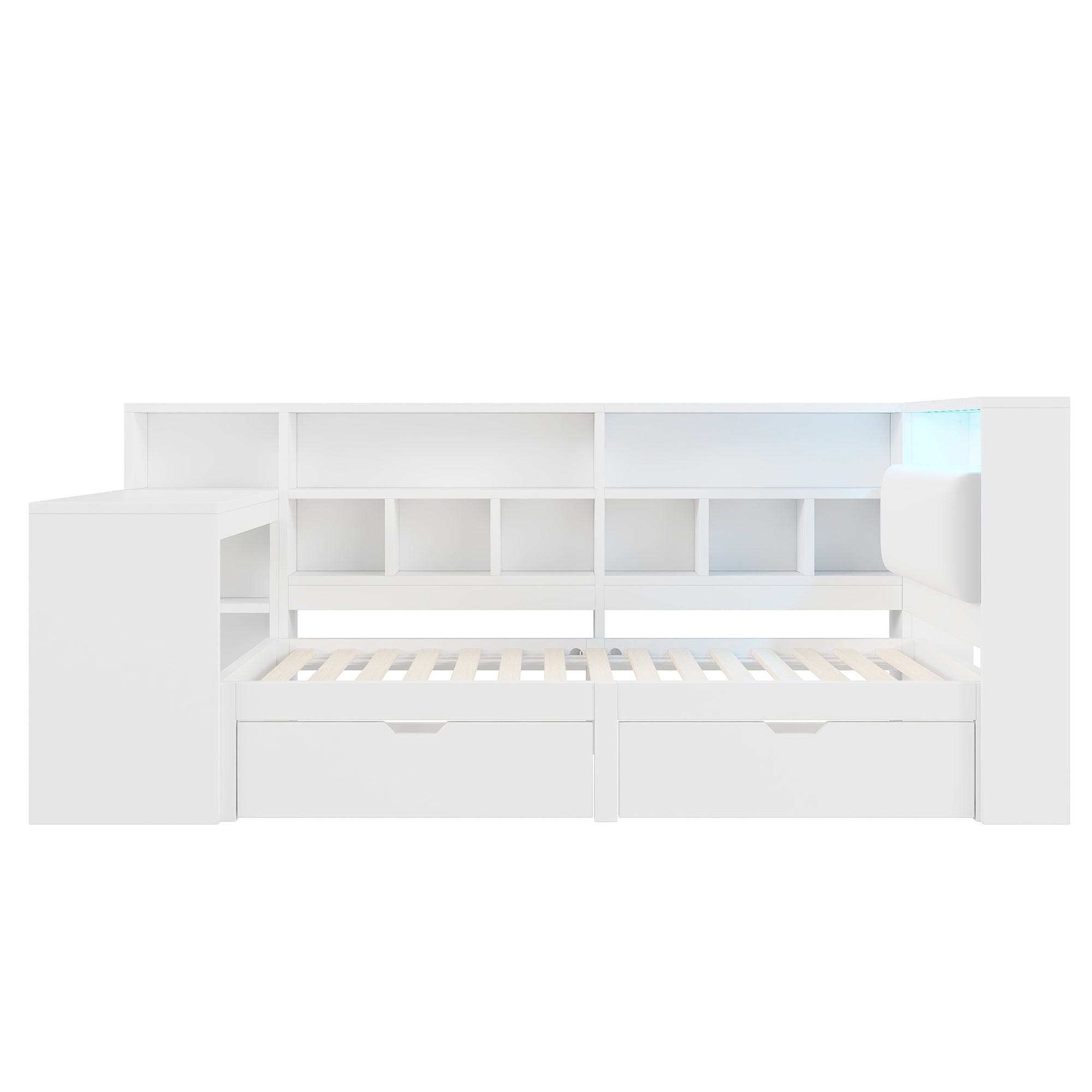 L-Shaped Platform Bed 90x200 Desk Bookshelf Drawers LED - White