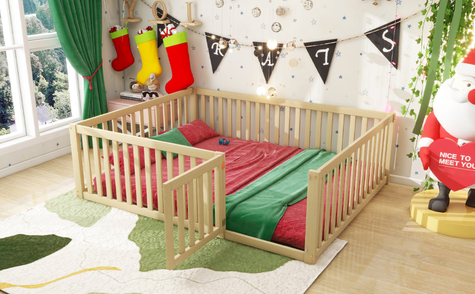 Children's bed 140x200 wooden floor bed frame with fence and door, wood color