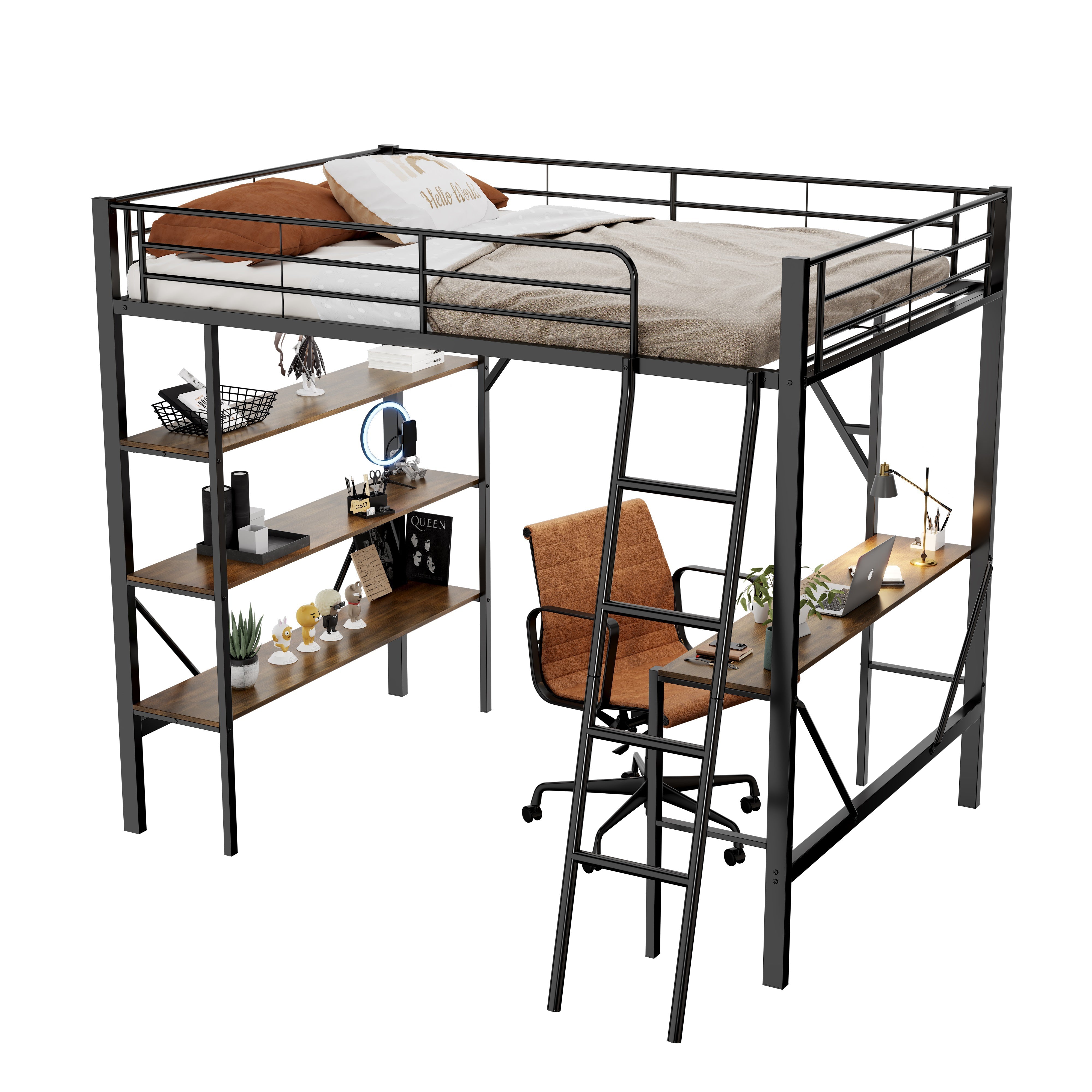 Loft Bed 90x200cm Iron Frame with Desk 3 Shelves Black