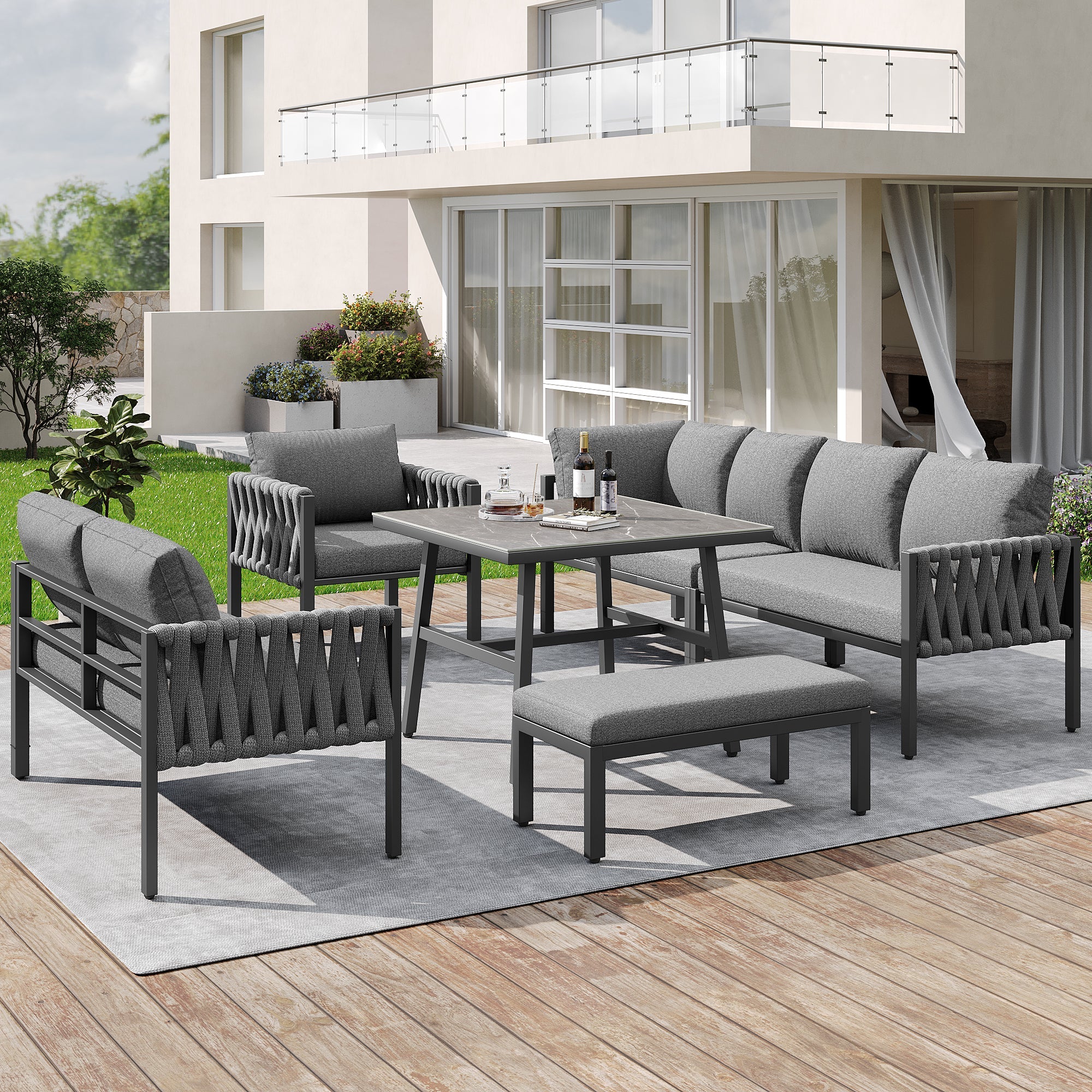 Garden Furniture Set Rope Corner Sofa Adjustable Legs Tempered Glass - Grey
