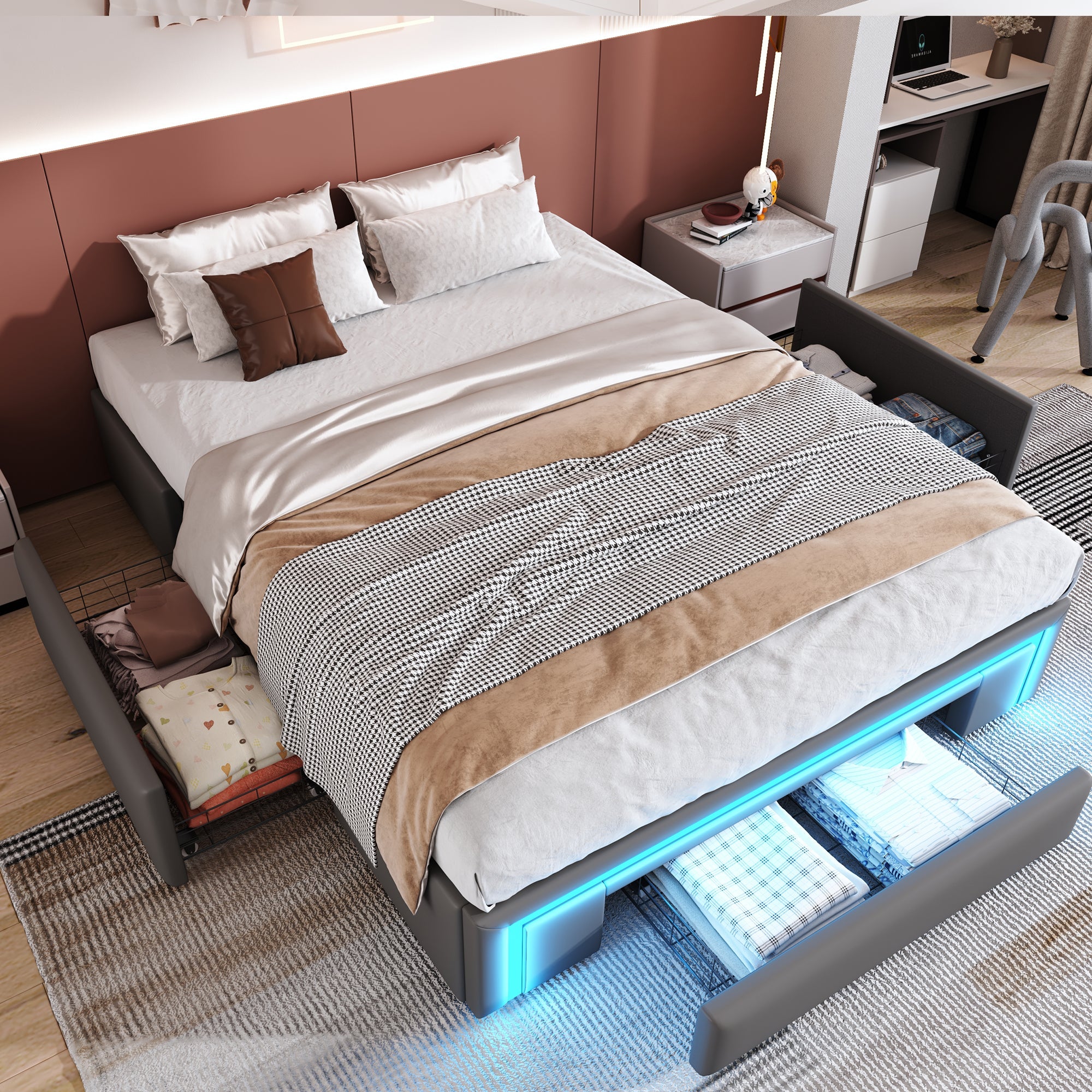 Bed Frame 140x200 with Drawers, LED Light Bar, Metal Slatted Platform, PU Leather, Gray