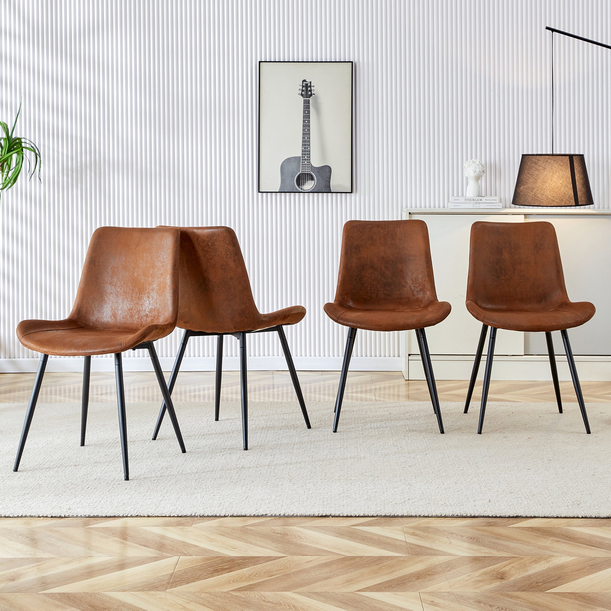 Dining Chairs Set of 4 Widened Seat Metal Legs - Brown Tech-Fabric