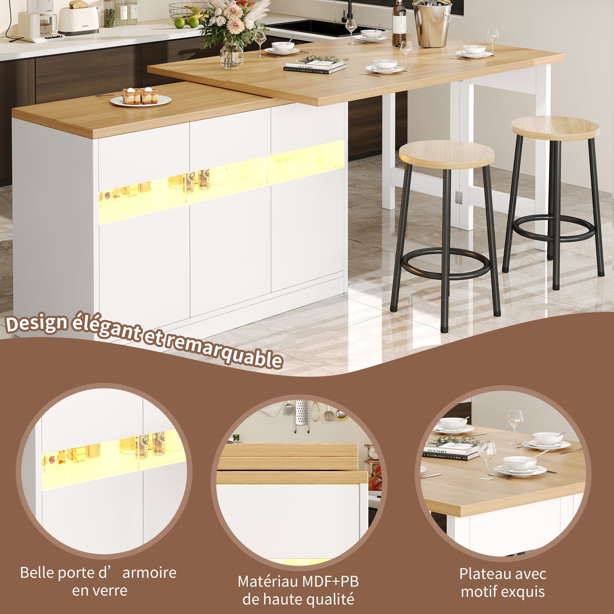 Extendable Bar Table with LED Lighting and 360° Swivel, 120-180cm Adjustable Length, White