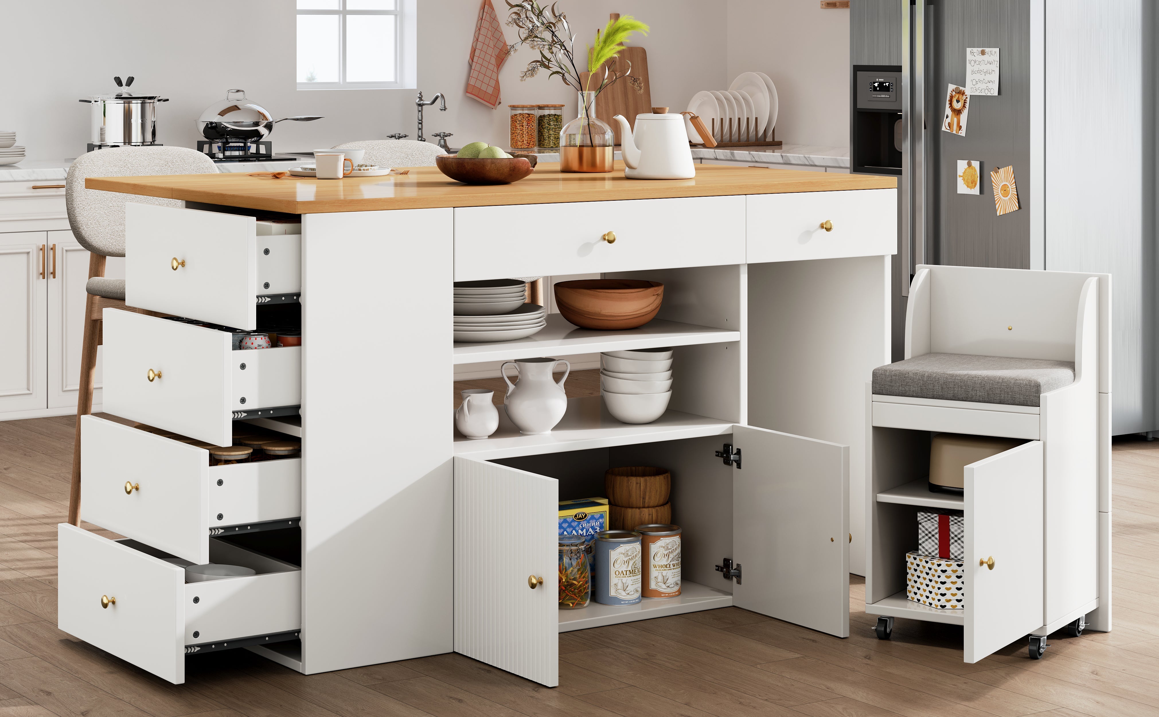 Kitchen Island Sideboard with 6 Drawers and Bar Stools, White and Black