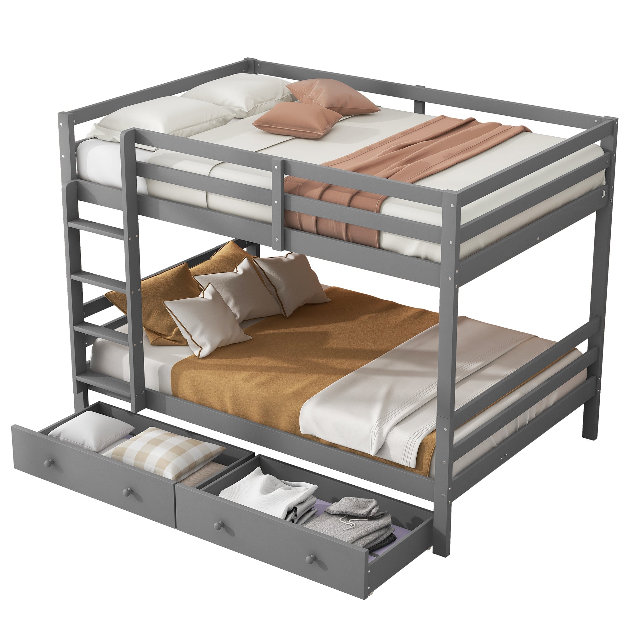 Bunk Bed 140x200cm Drawers Storage High Railings - Grey