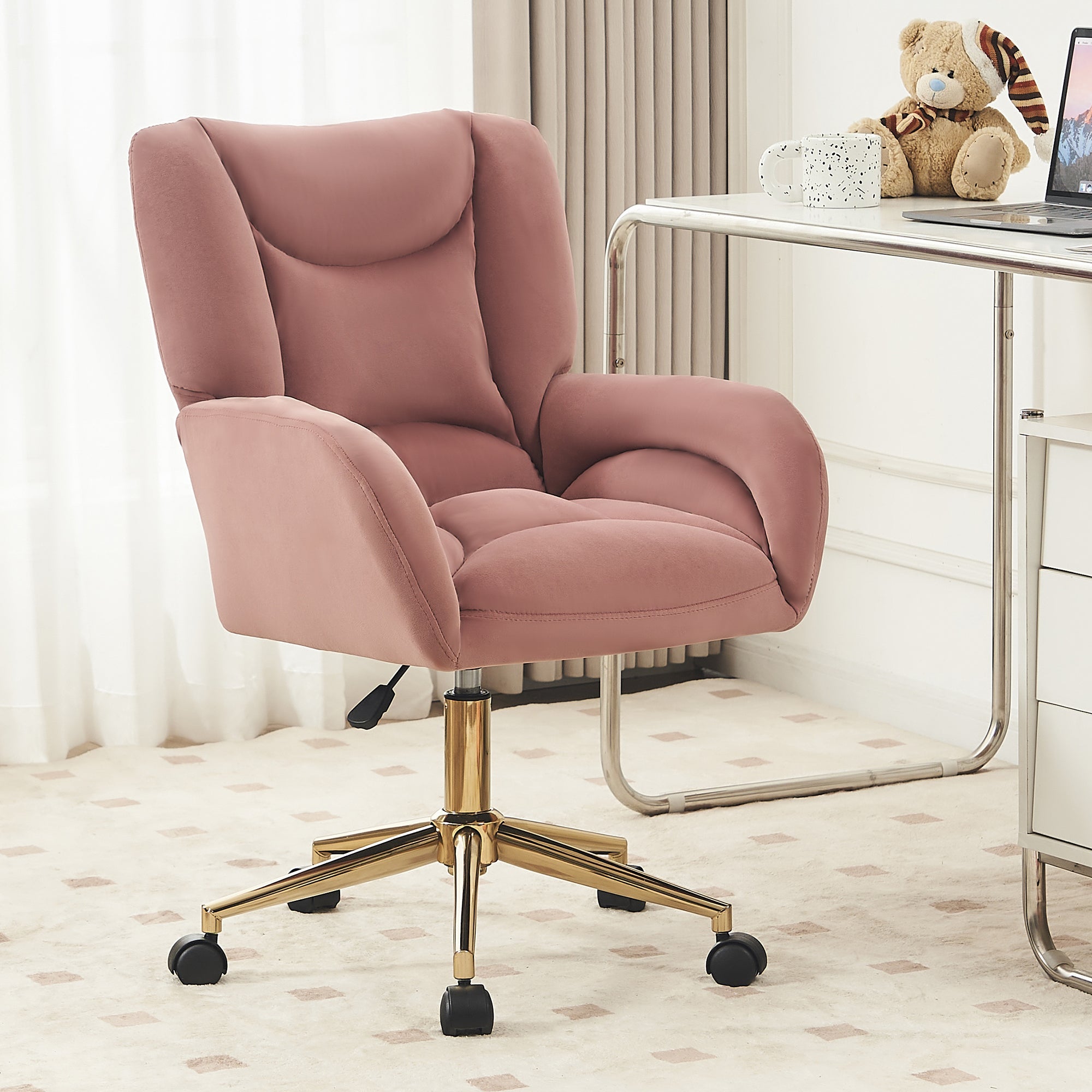 005 Swivel Chair Height-Adjustable Home Office Gold Legs, Velvet Pink