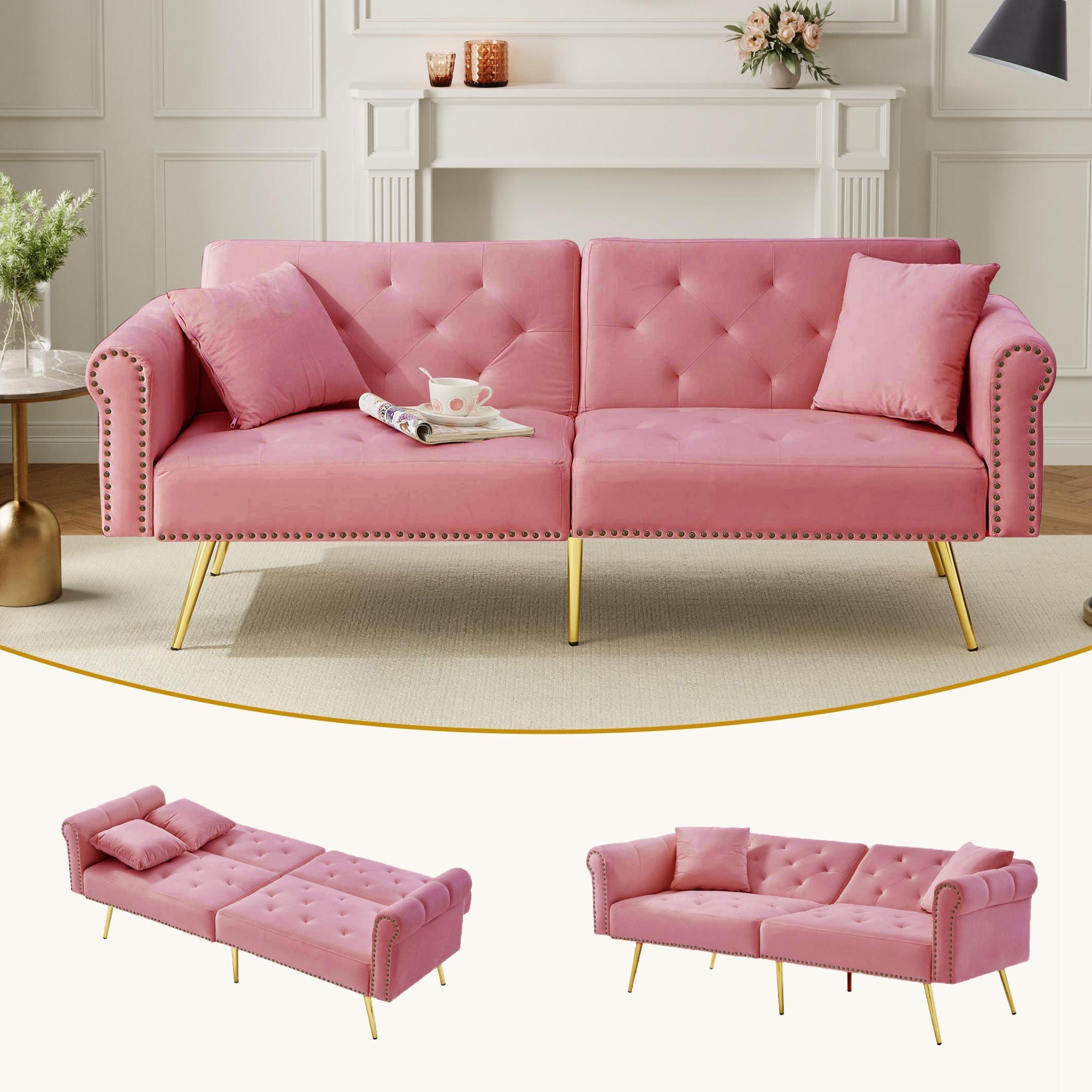 Modern 2-Seater Sofa Bed, Adjustable Backrest, Gold-Plated Metal Feet, Velvet