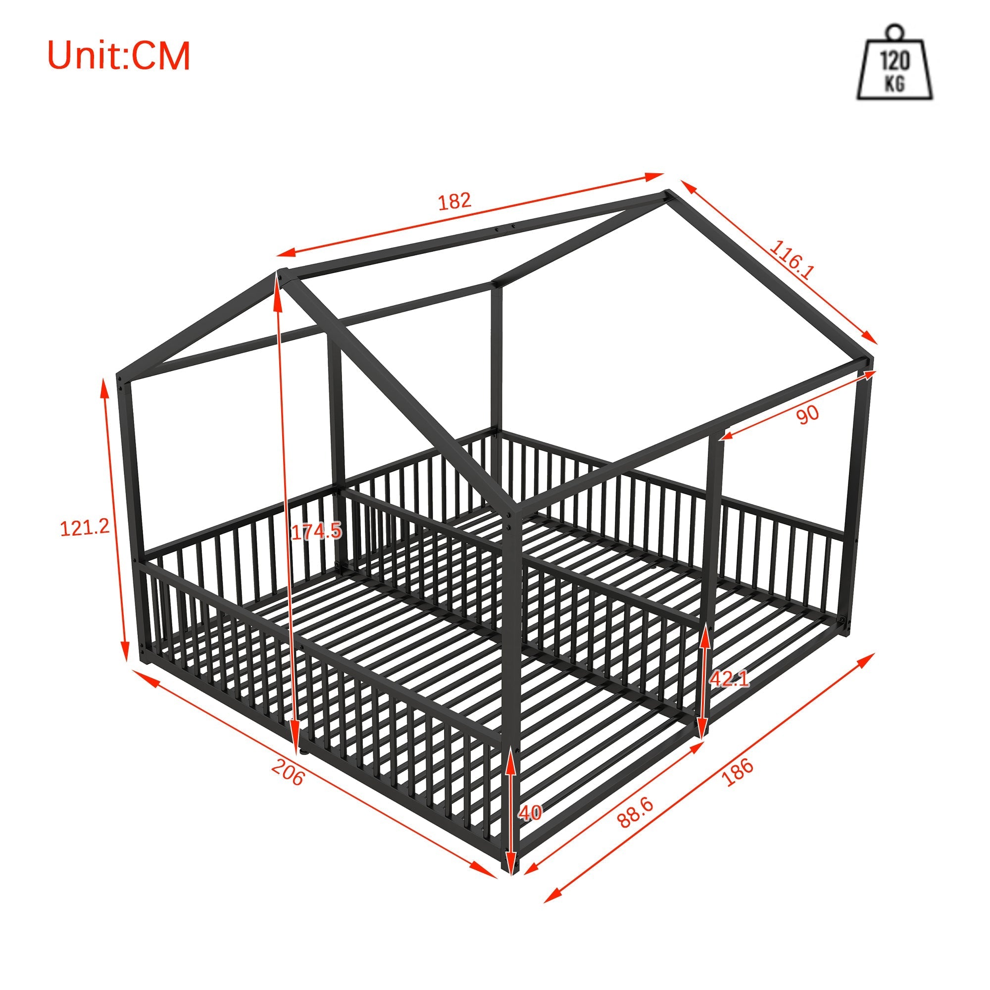 Metal Bed 90x200cm House Design Ladder - Black Iron Frame
