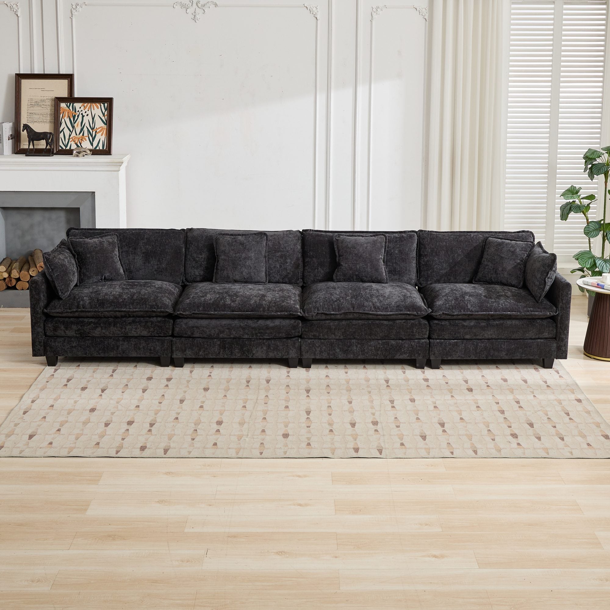 Cloud Sofa 4 Seats, Modern Sectional Couch with Double Layer Cushions, Black Chenille Fabric