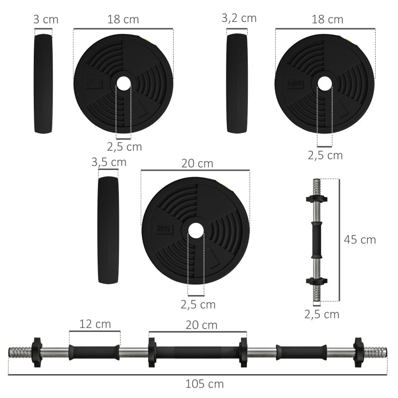 2-in-1 Dumbbell & Barbell Set 20kg Non-slip - Black/Green