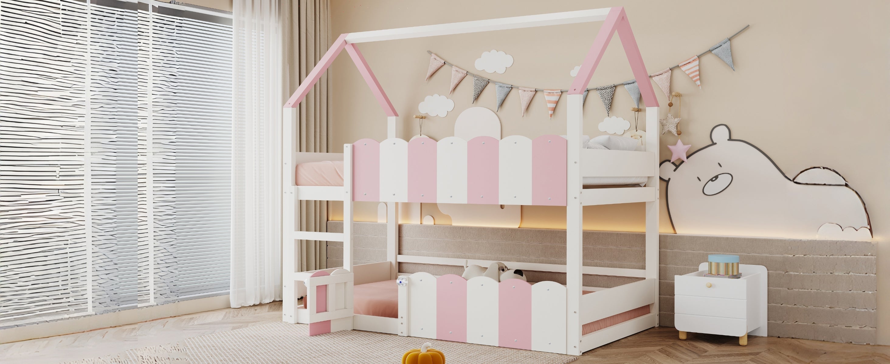 Children's Bunk Bed House-Shaped 90x200 cm Safety Rails Pink