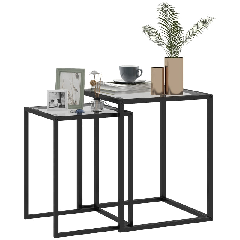 Nesting Tables Set of 2, Side End Table with Tempered Glass Top and Steel Frame, Black