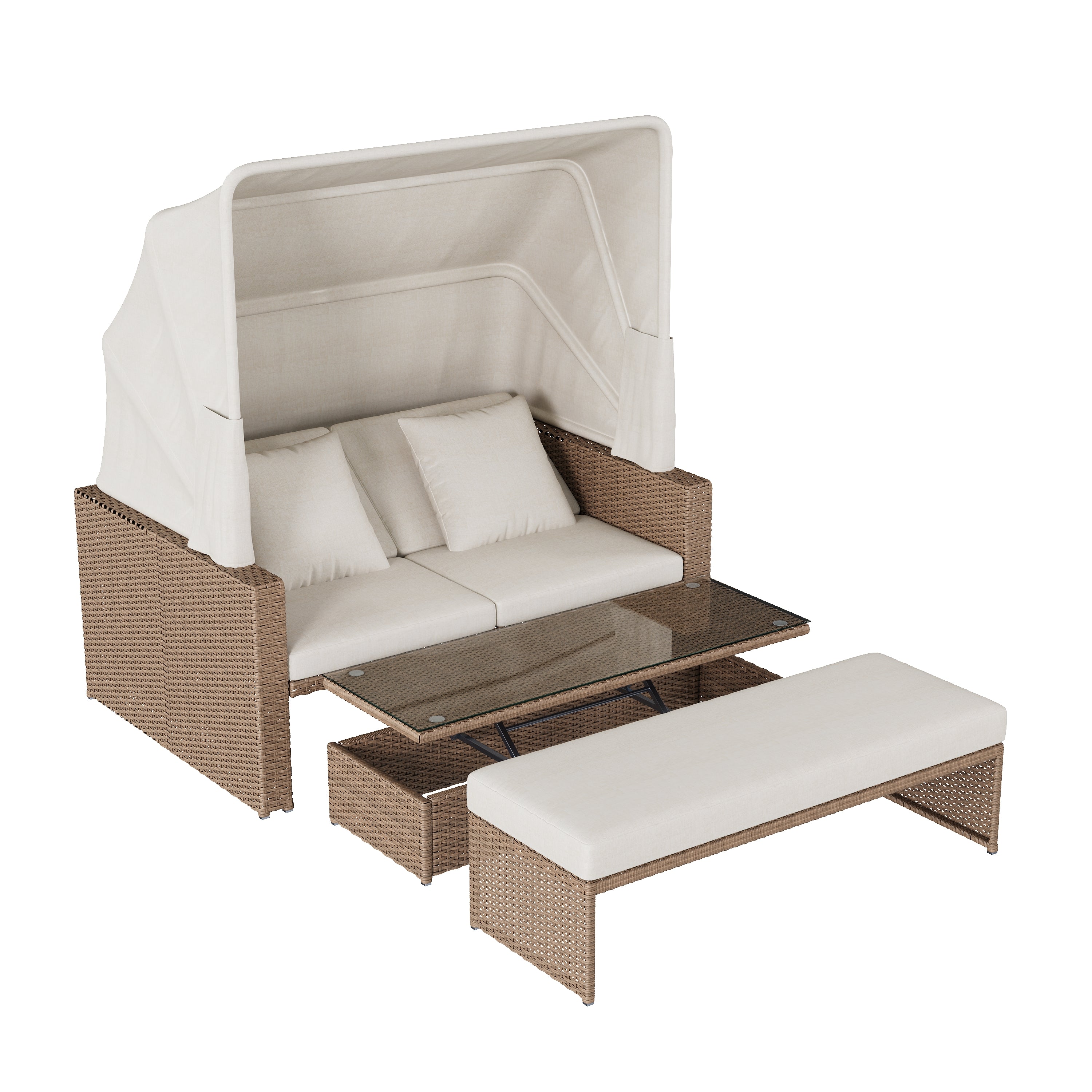 Polyrattan Garden Furniture Set with Adjustable Coffee Table and Removable Awning, Khaki PE Rattan