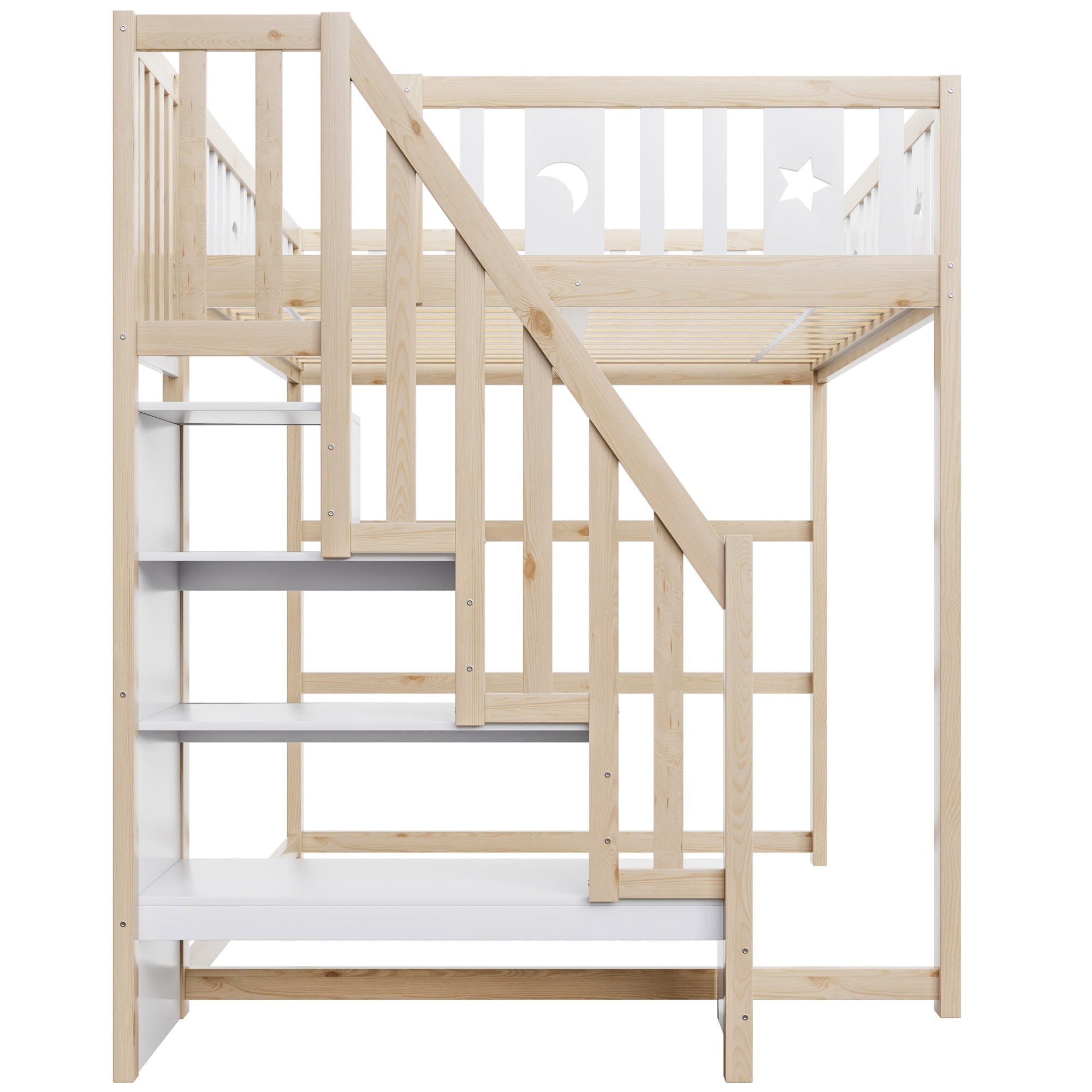 Children's Loft Bed 140x200 with Stairs Safety Railing Star & Moon Decor Solid Wood