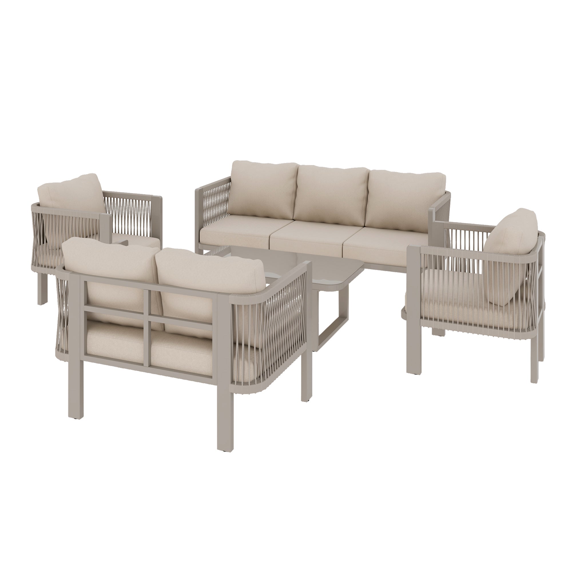 5-Piece Garden Furniture Set with Glass Tabletop and Teslin Rope Weave, Khaki