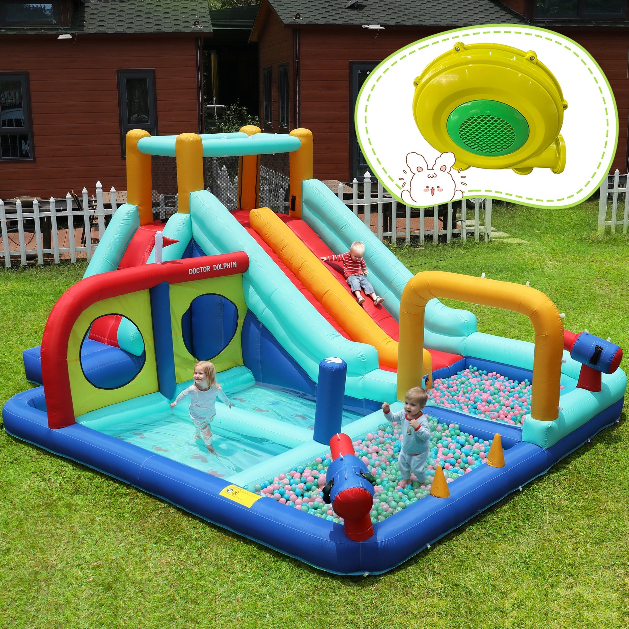 Children's Bouncy Castle Water Park, Multifunctional Double Slide & Climbing Wall, with Blower, Outdoor
