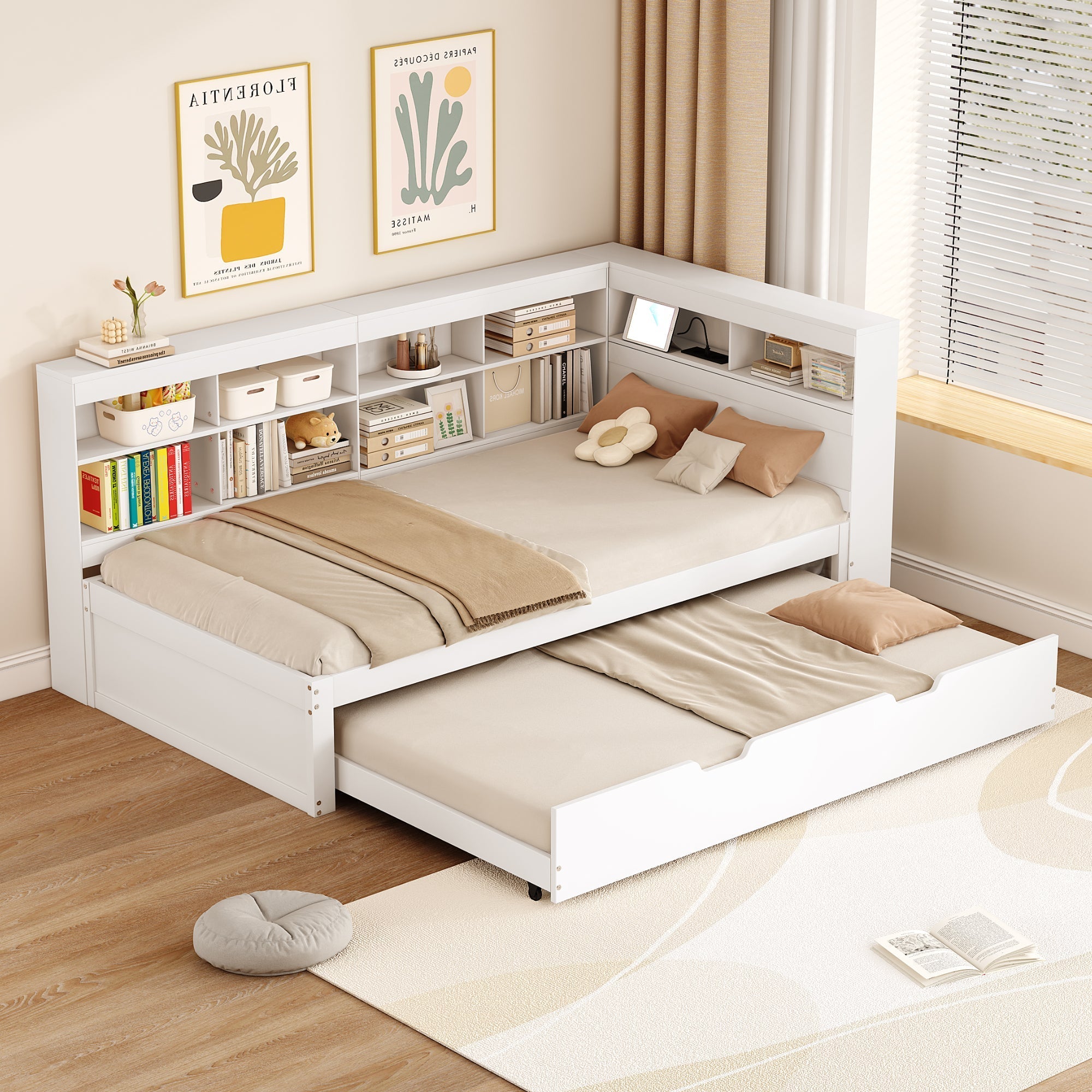 Sofa Bed 90*200 Pull-Out with USB & Storage, Solid Wood, White