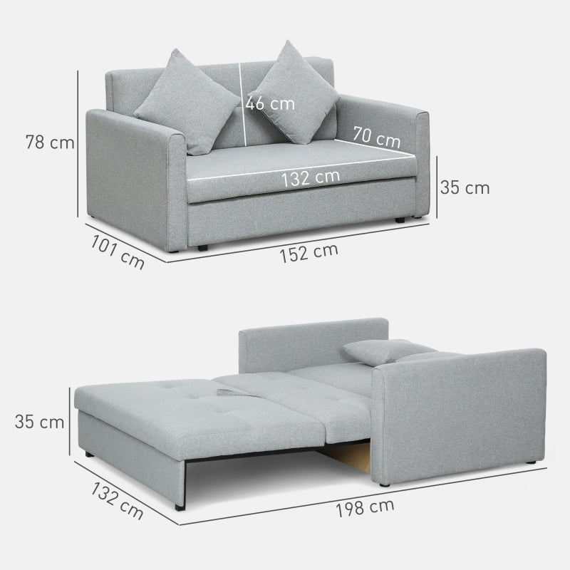 2 Seater Sofa Bed, Convertible with Hidden Storage, Linen Light Grey