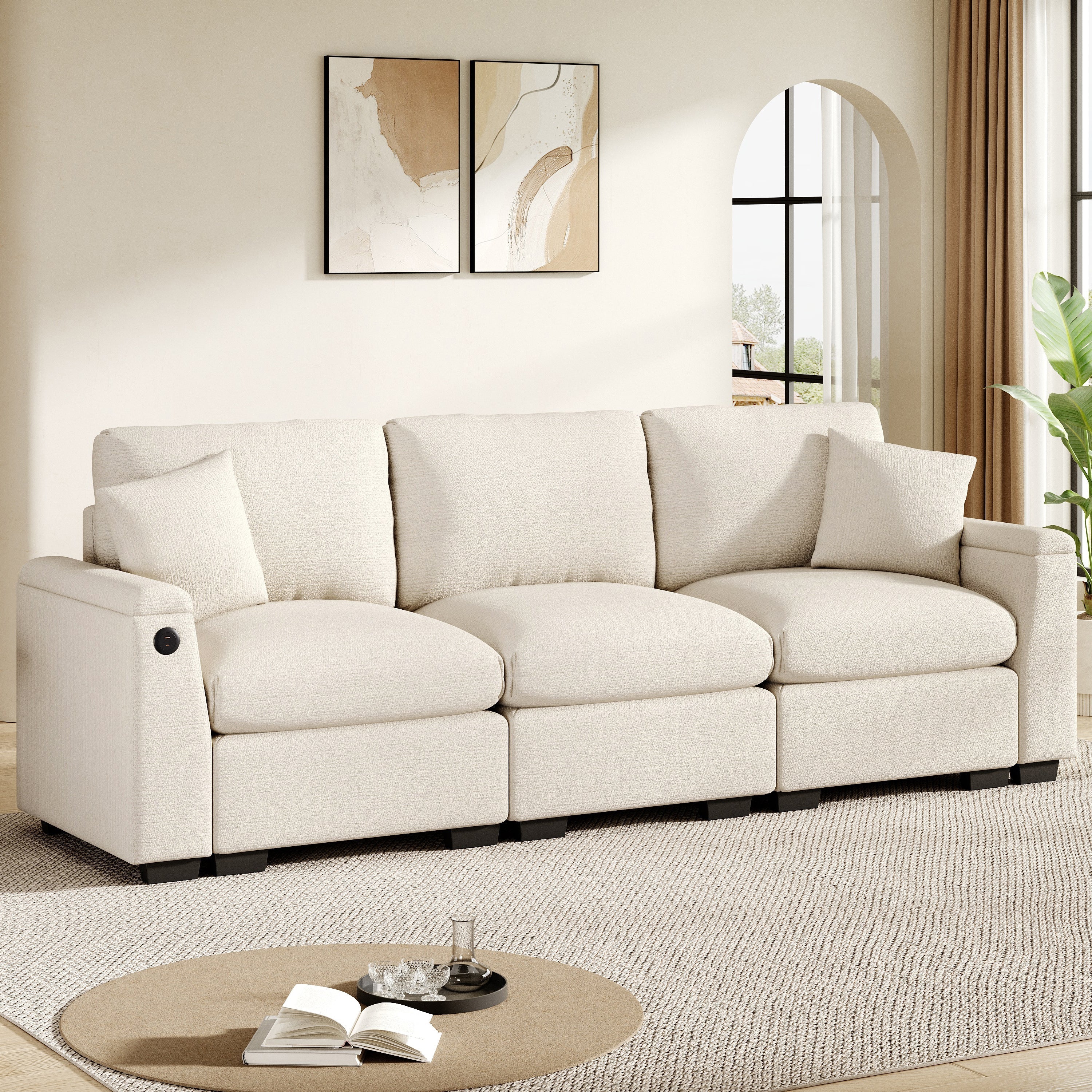 Three-seater Sofa Modern Folding Table USB Port Drink Holder Storage - Chenille