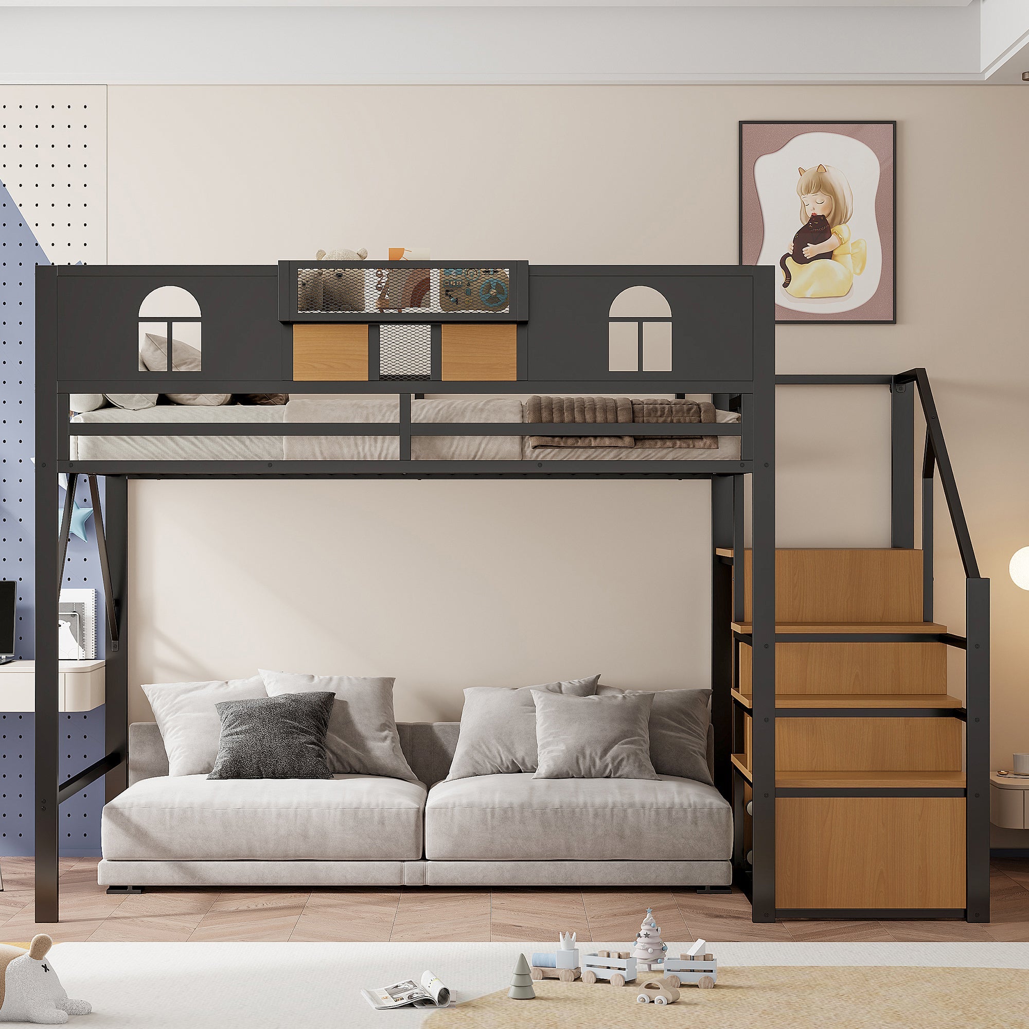 Metal Loft Bed with Storage Ladder & Desk, 140x200cm, Black