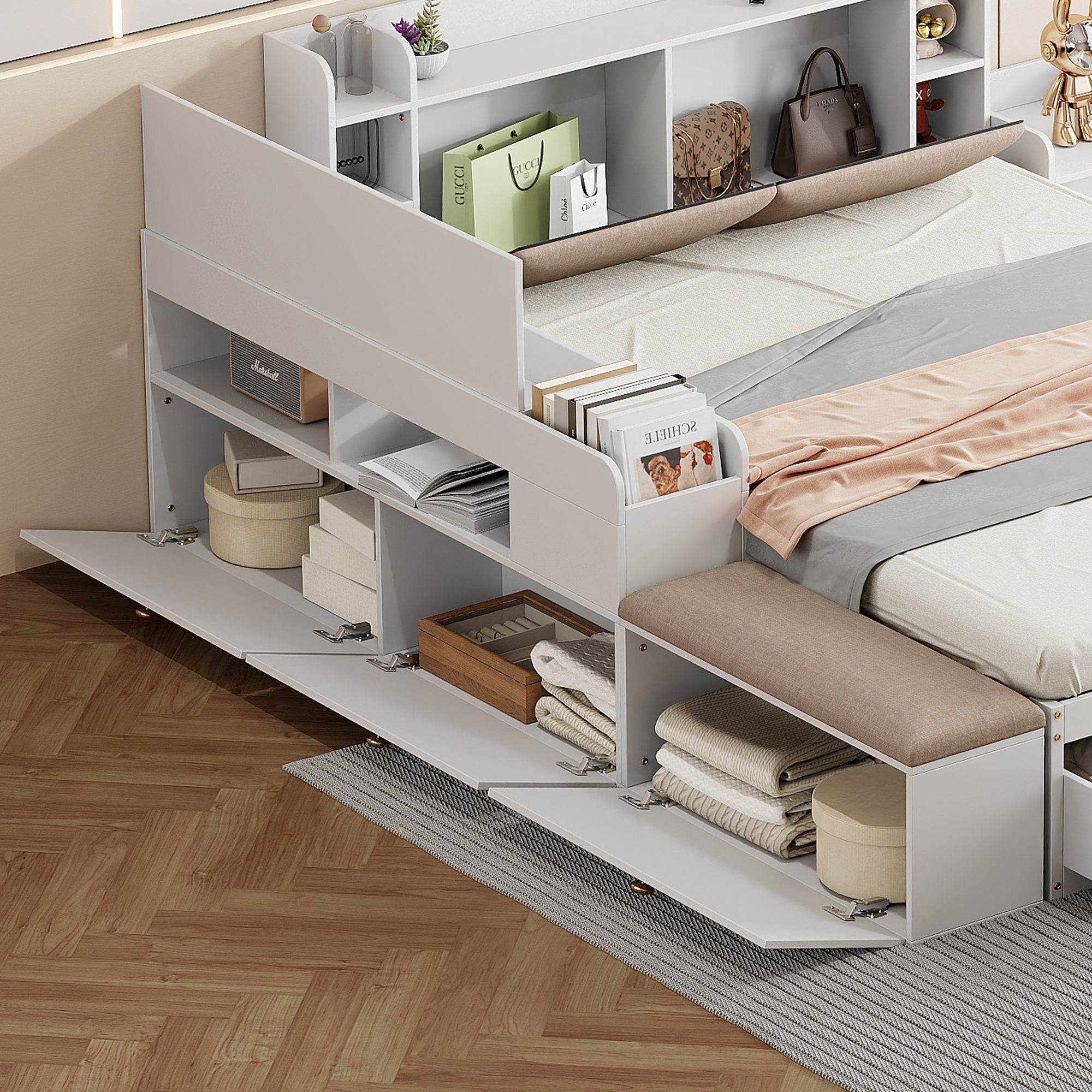 Combo Bed 140*200cm, Storage Headboard with Drawers & Sofa Bench, Solid Wood White
