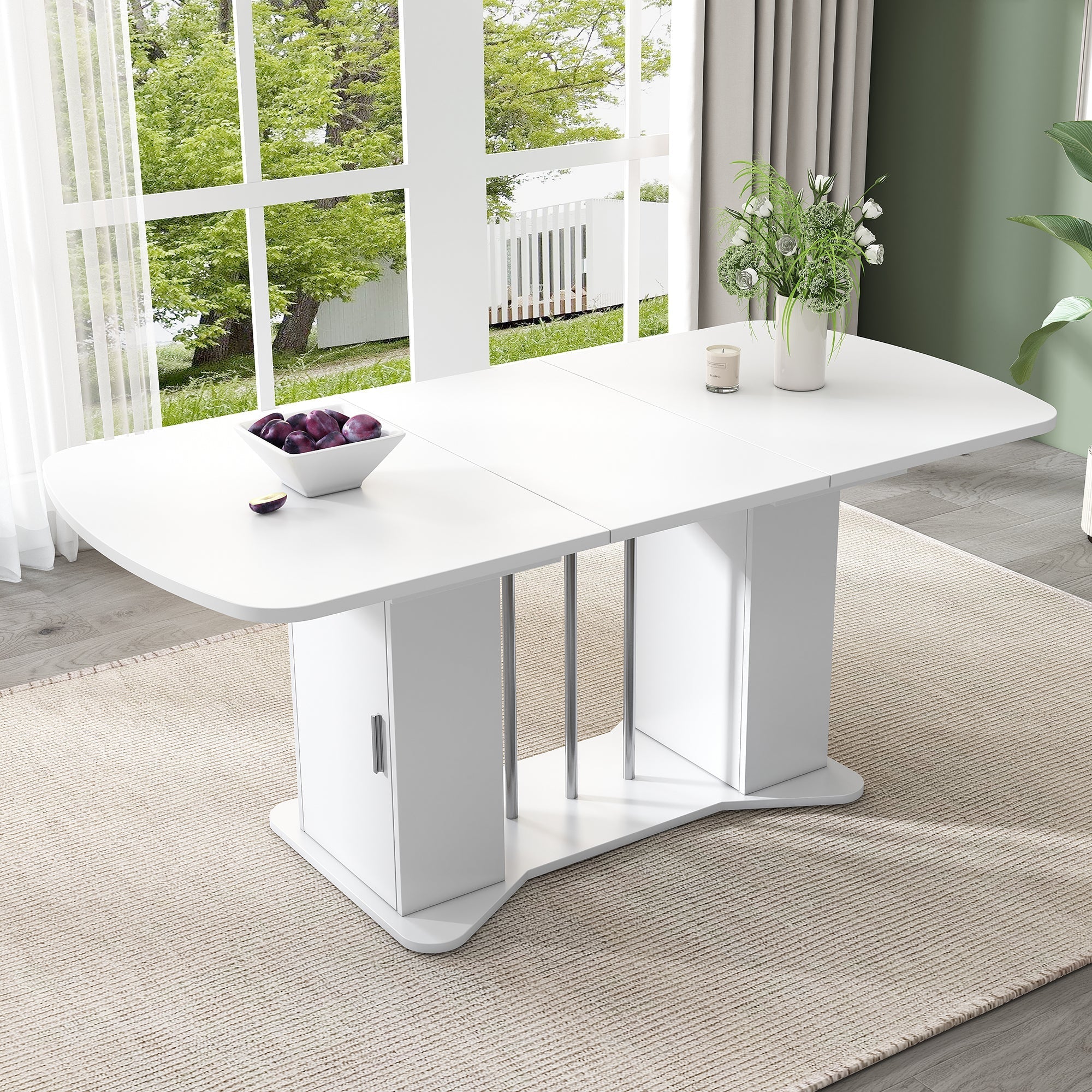 Extendable Dining Table 120/160x80cm Modern Storage - White/Silver Legs