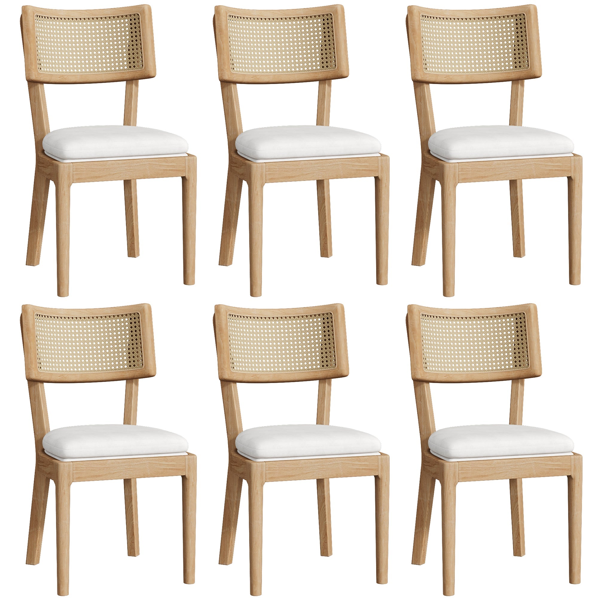 6 Solid Wood Dining Chairs with Rattan Backrests, Linen, Wood Color