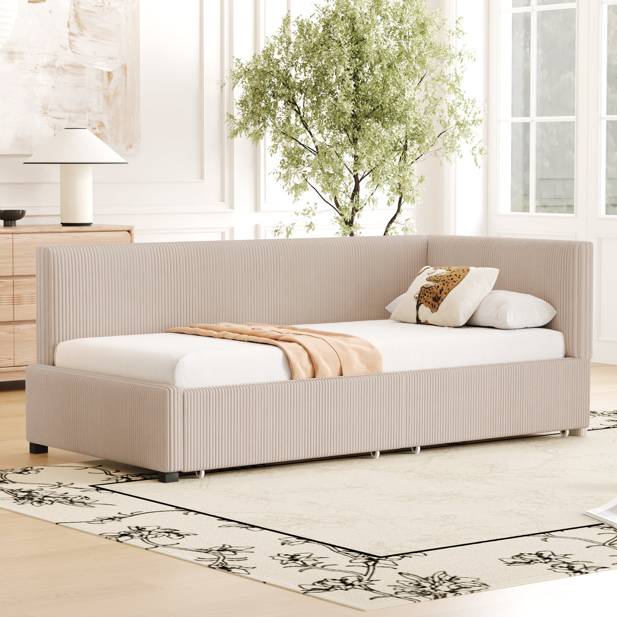 Upholstered Bed Sofa, 90x200 Multifunctional with Storage Drawers, Beige Velvet