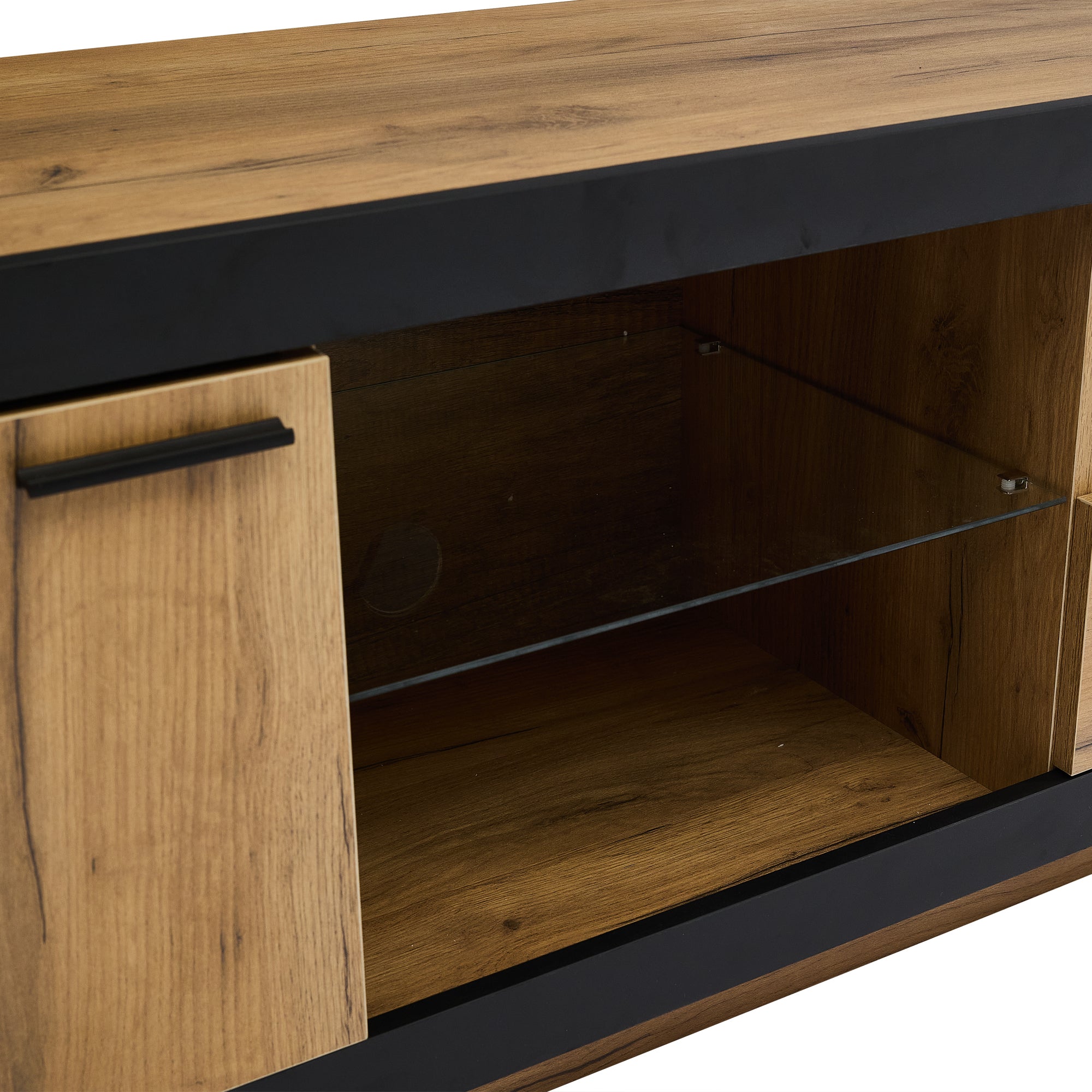 LED TV Cabinet Lowboard Console with Glass Shelves Storage for 70/65/55 Inch TVs, Black + Oak