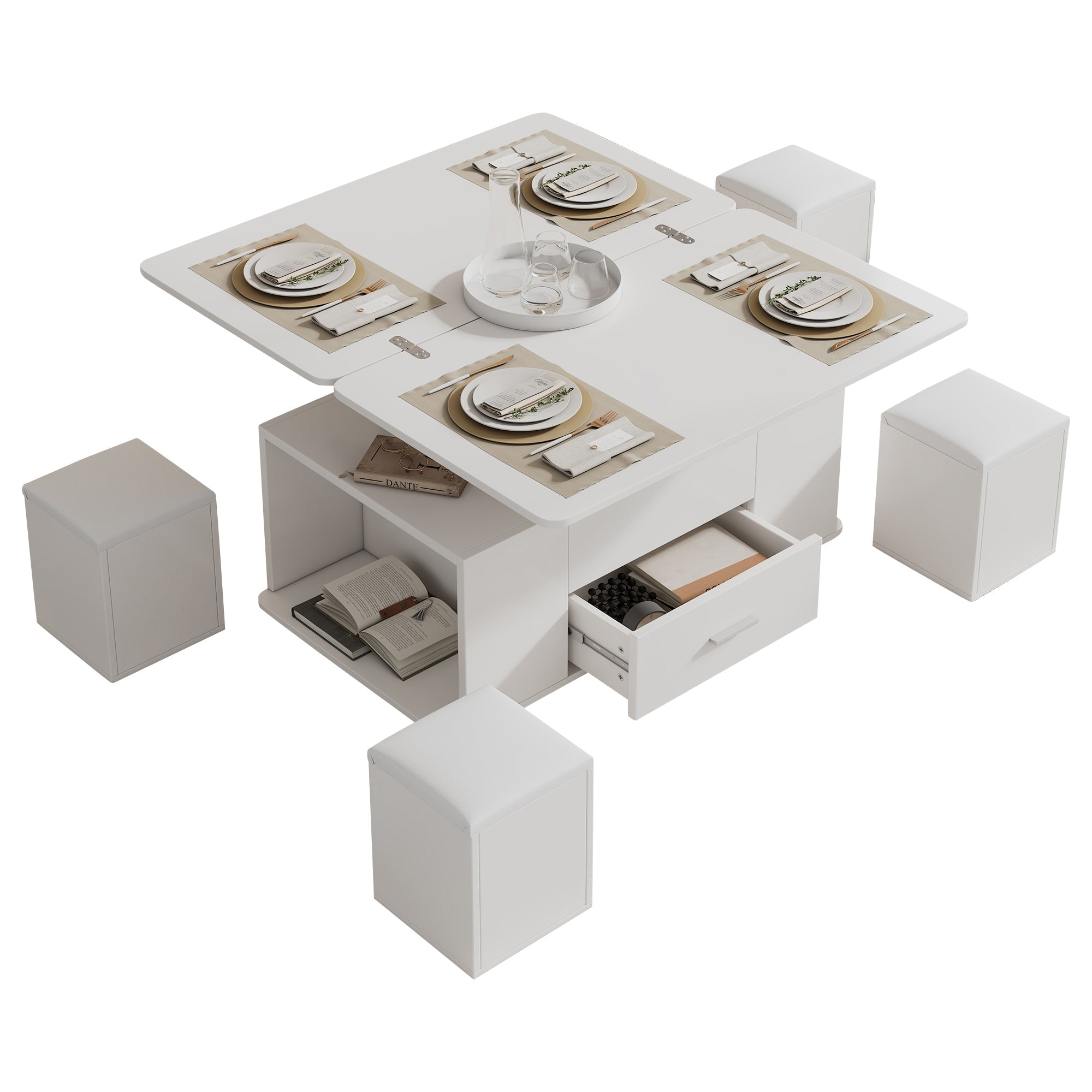 Coffee Table, Height-Adjustable 4-in-1 Multifunctional with Drawers and 4 Stools, White