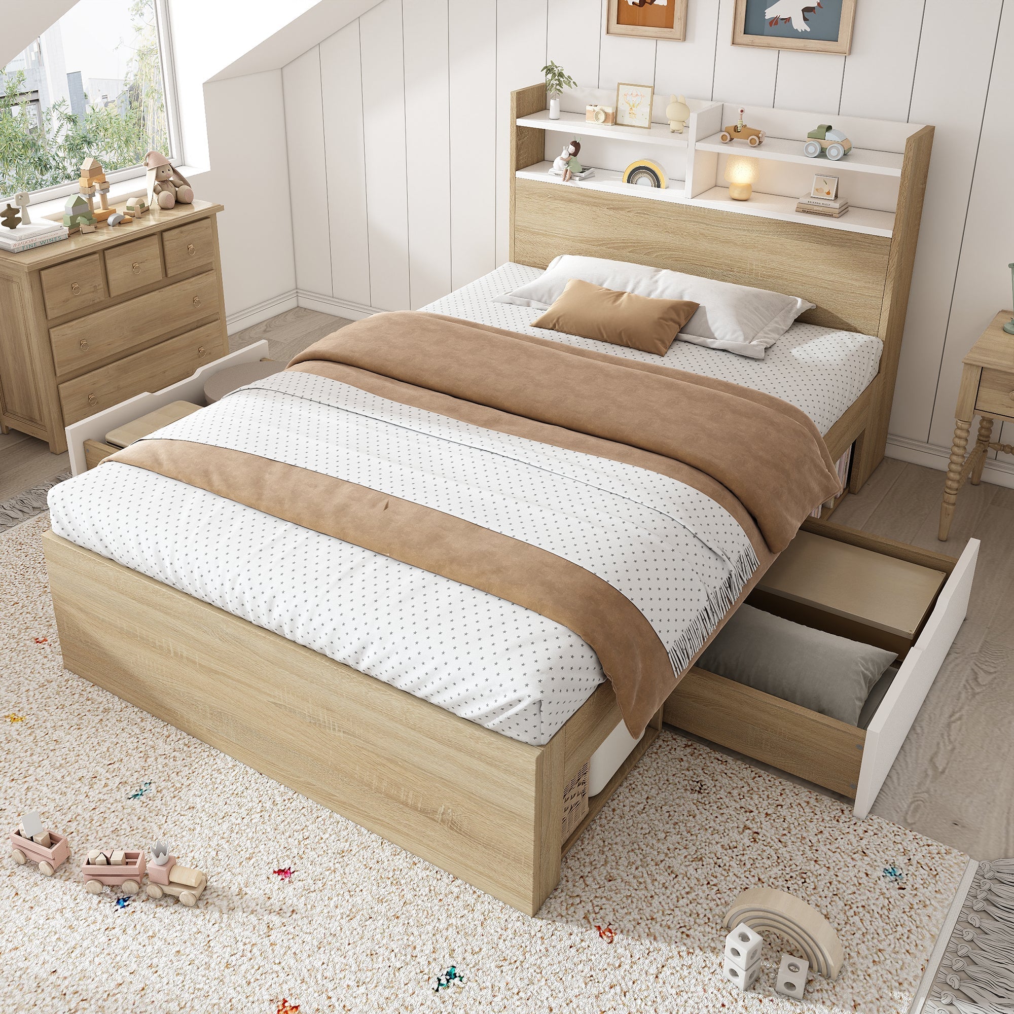 Wooden Single Bed 90x200 Storage with Headboard Shelf 2 Drawers - White/Oak