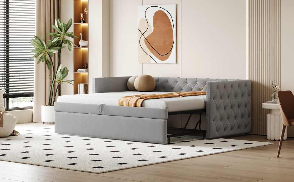 Extendable Sofa Bed with Slatted Base and Guest Bed Function, 90x200cm, Light Grey Velvet
