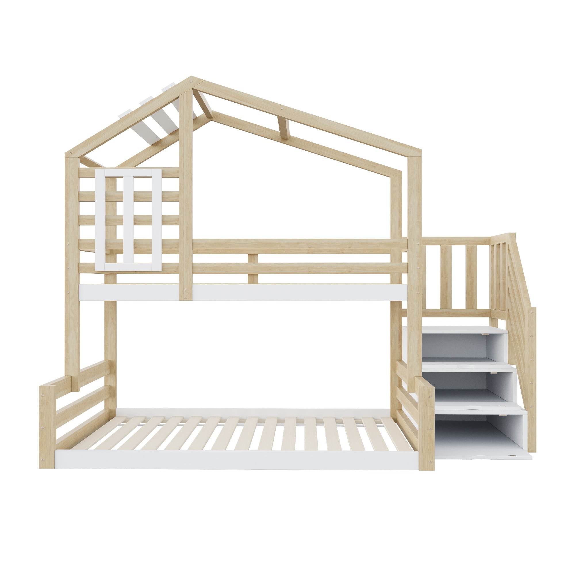 Bunk Bed 90x200cm with Window Railing Storage Steps Natural Pine Wood