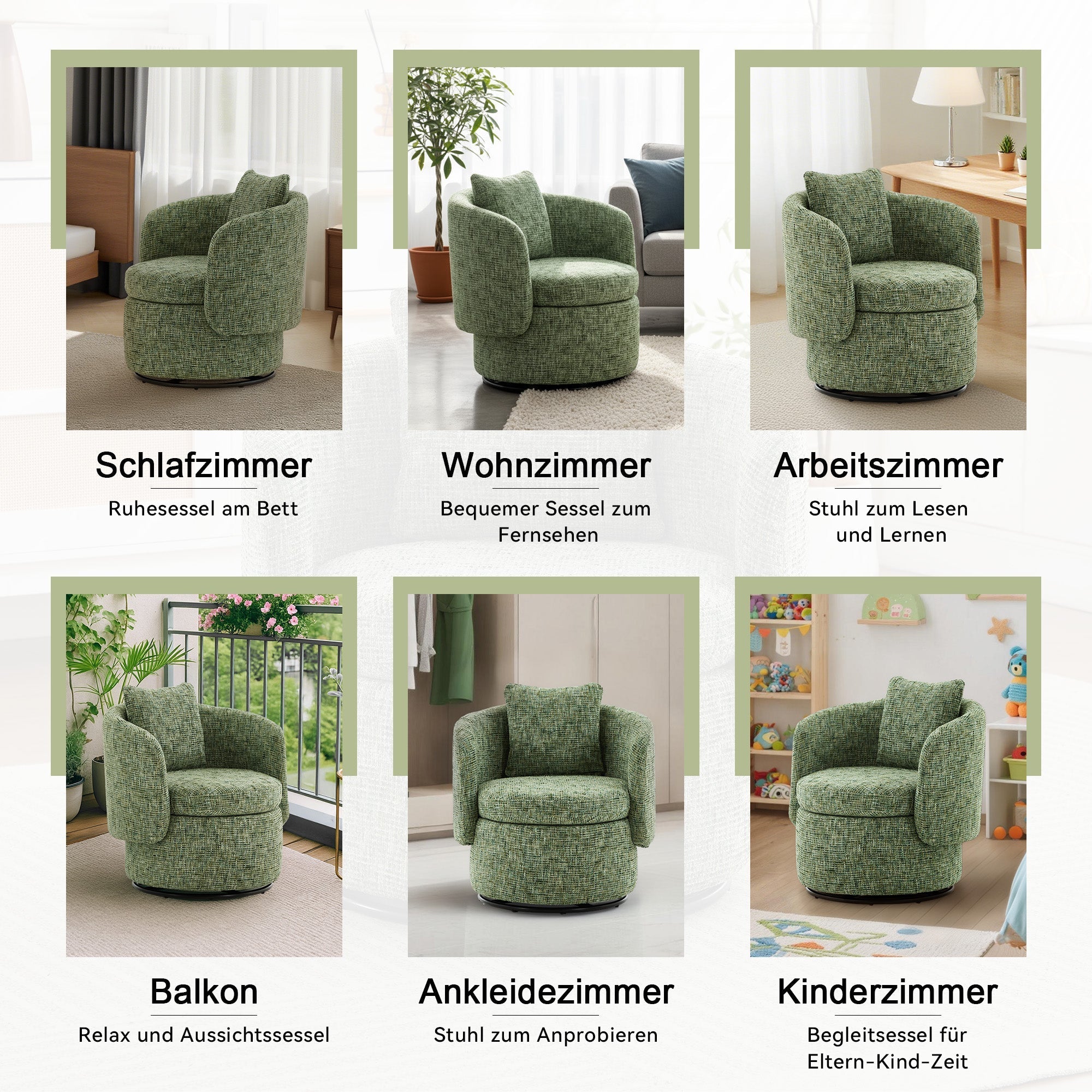 Swivel Armchair 360° Rotating Accent Chair Hidden Storage Plump Cushion Green