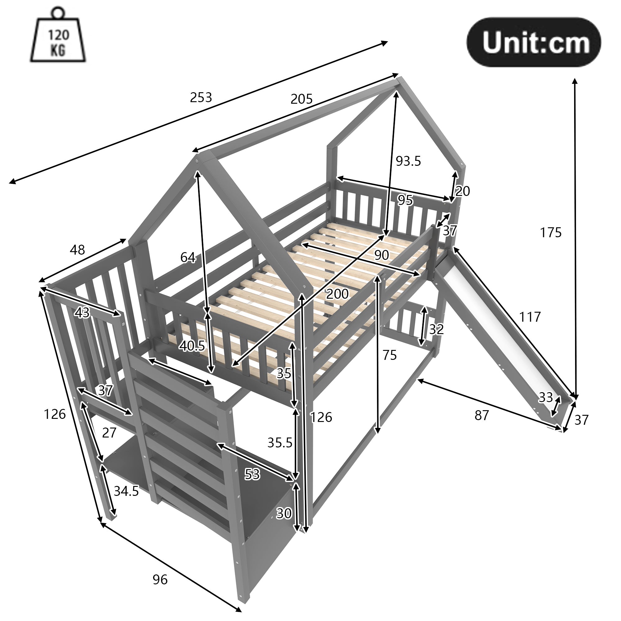 Bunk Bed House Bed 90x200cm Storage Stairs Slide Railing, Grey