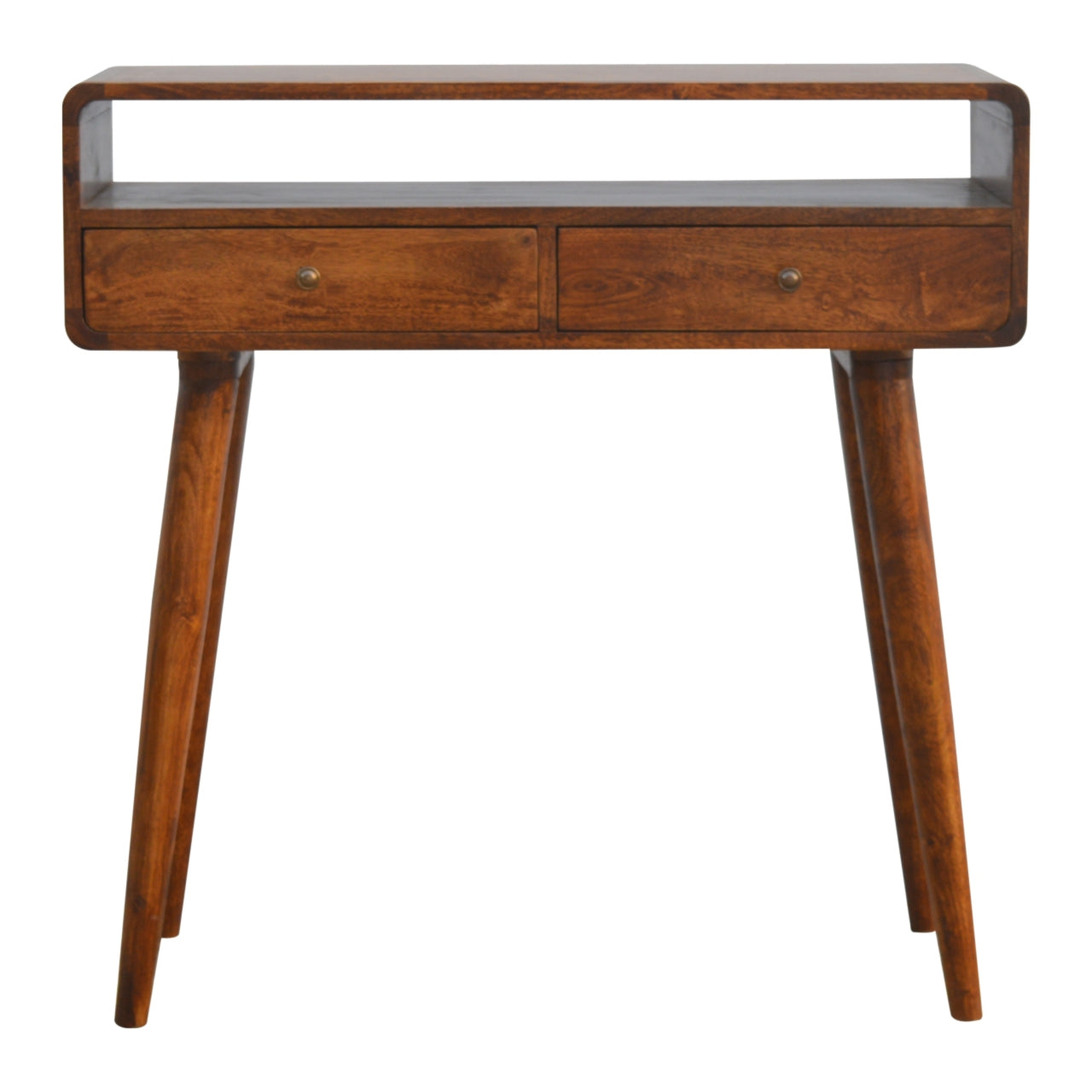 Solid Wood Console Table, Curved Chestnut 2-Drawer, Brown