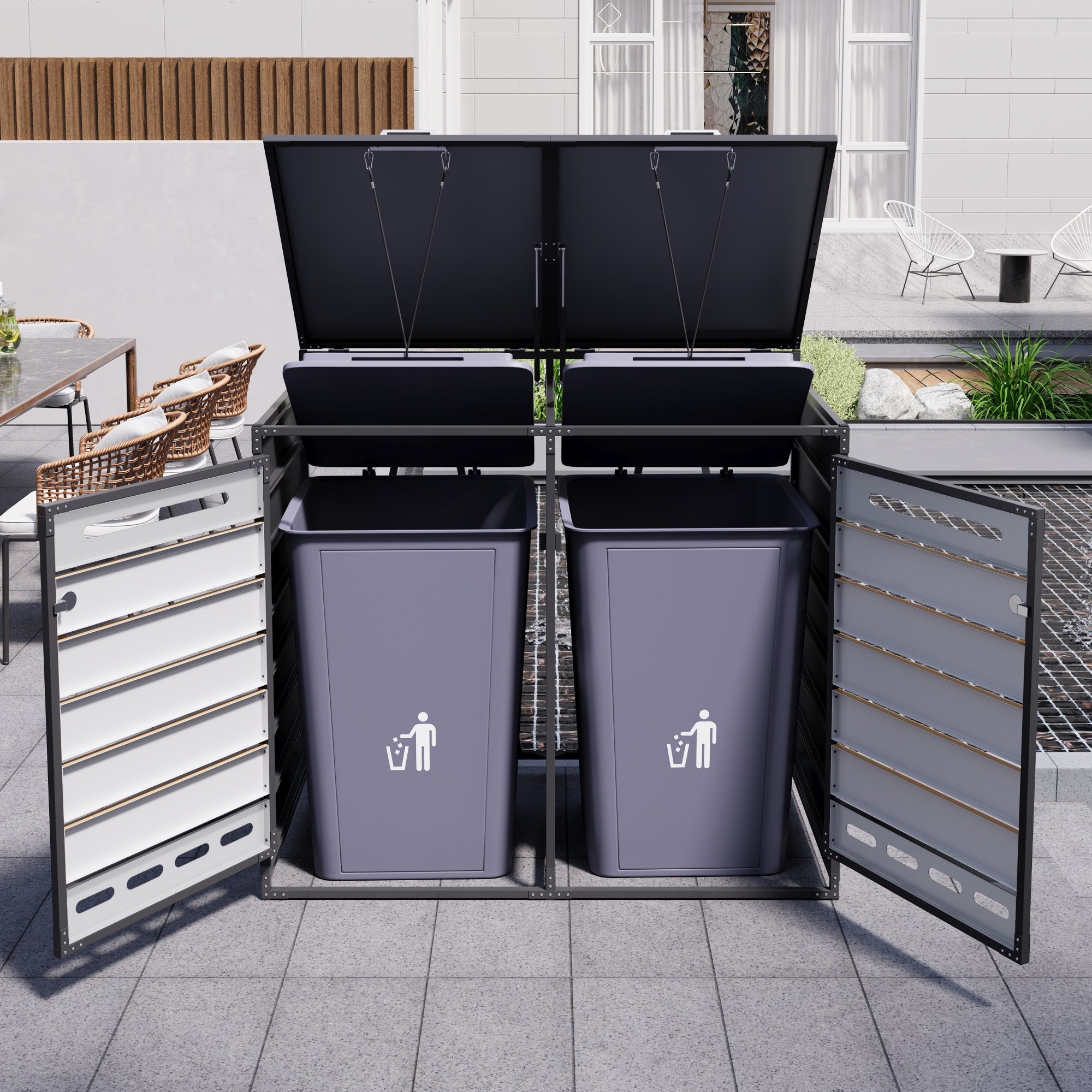 Bin Storage Unit with Hydraulic Lid and Slotted Ventilation, Iron with Wood-Look Cladding